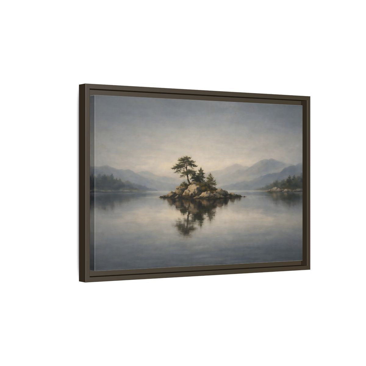 Side Mockup 2. Nature Island Misty Lake Island shown as stretched canvas wall art