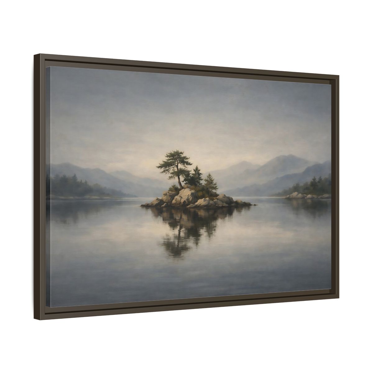 Side Mockup 11. Nature Island Misty Lake Island shown as stretched canvas wall art