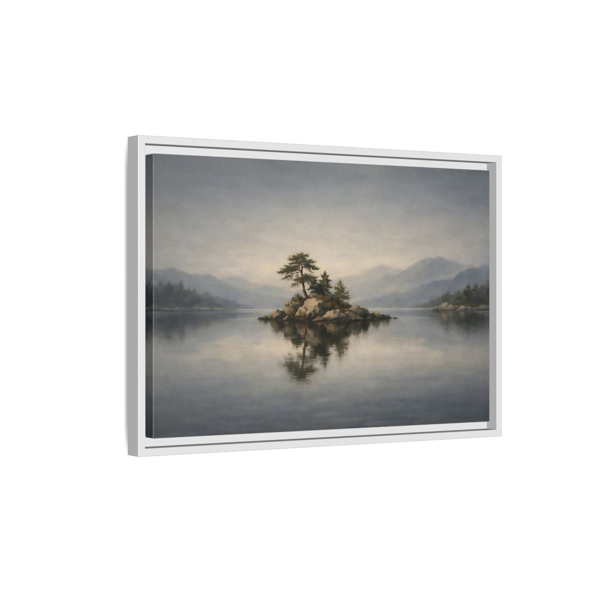 Side Mockup 1. Nature Island Misty Lake Island shown as stretched canvas wall art