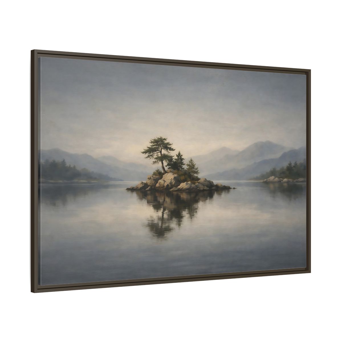 Main Mockup. Nature Island Misty Lake Island shown as stretched canvas wall art