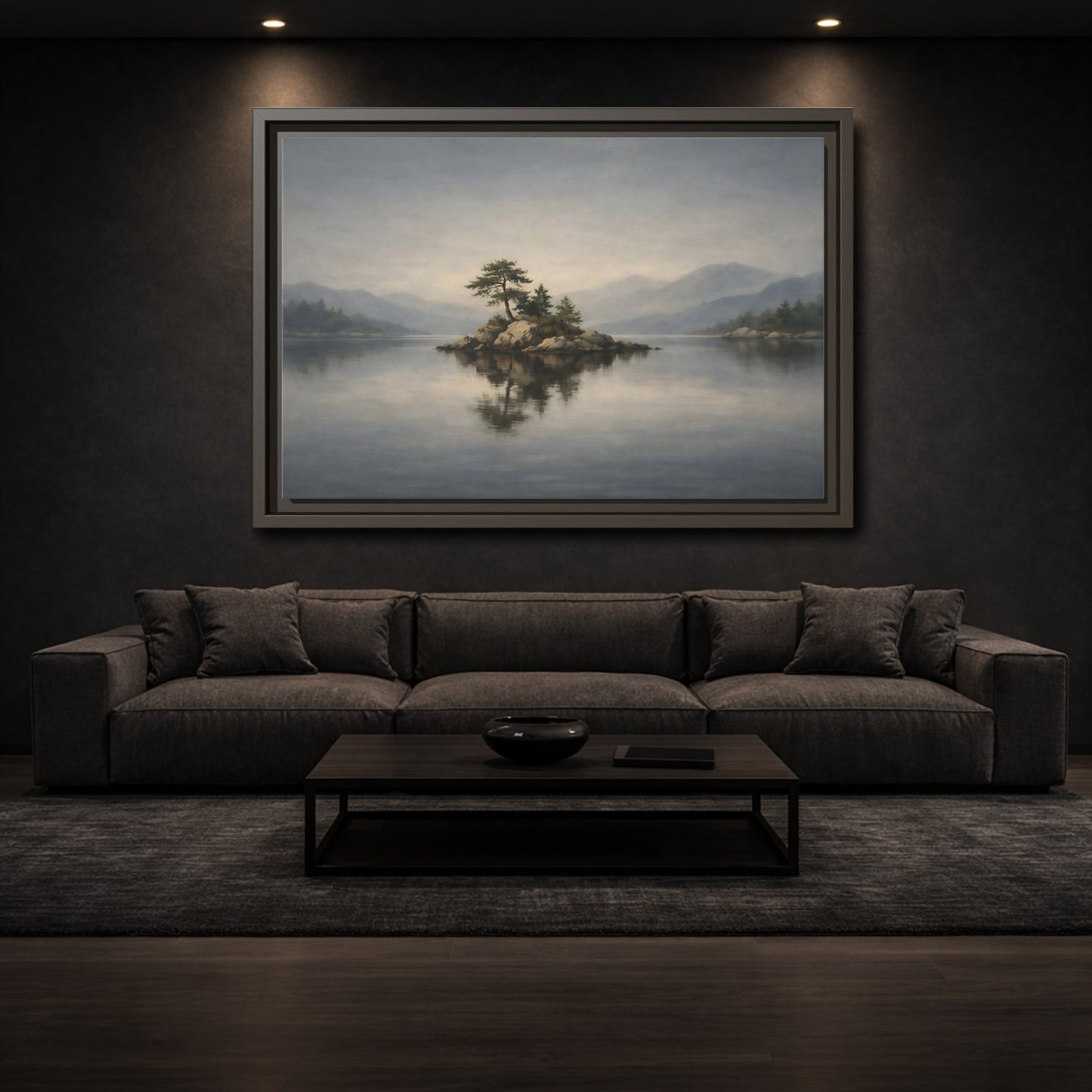 Mockup 2. Nature Island Misty Lake Island shown as stretched canvas wall art