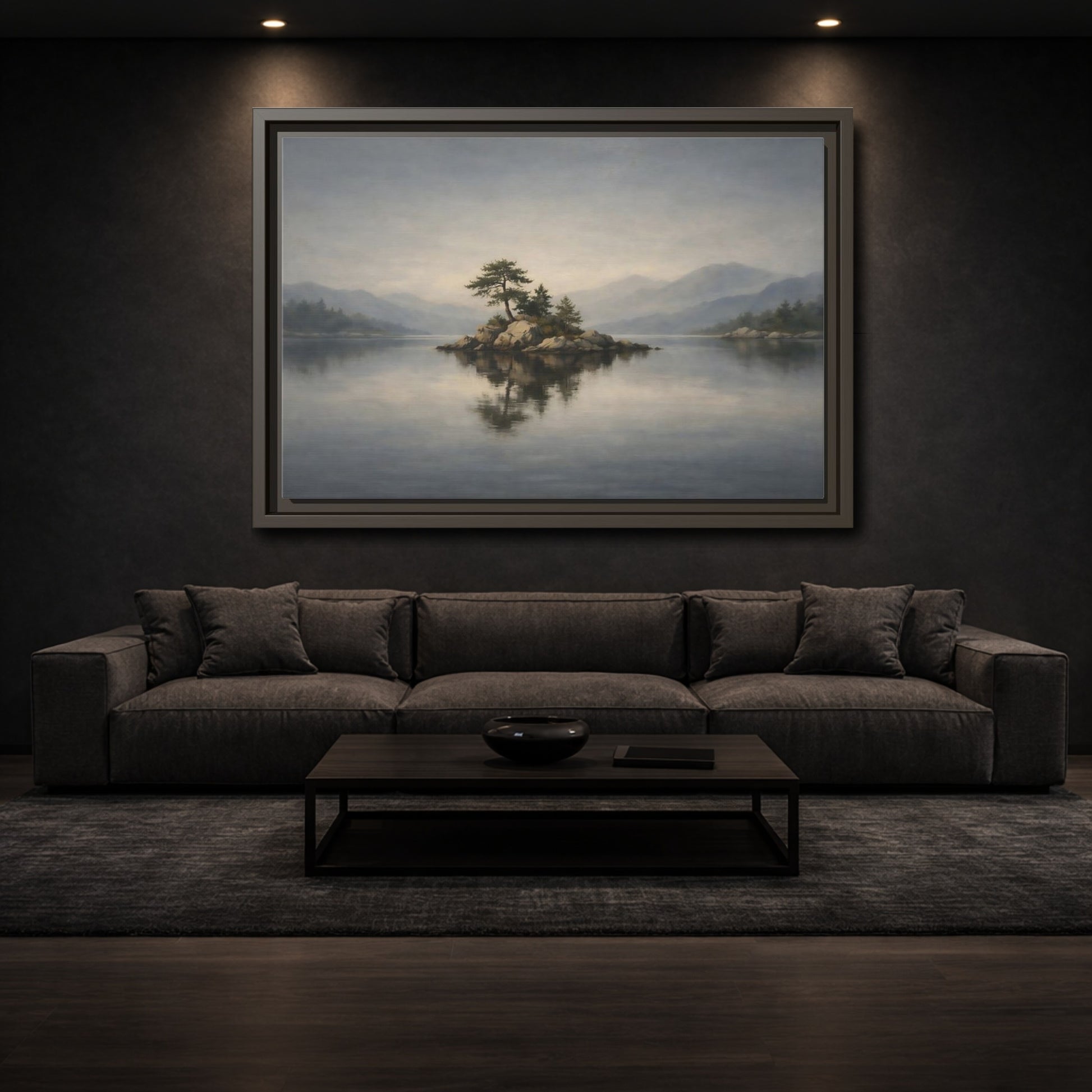 Mockup 2. Nature Island Misty Lake Island shown as stretched canvas wall art