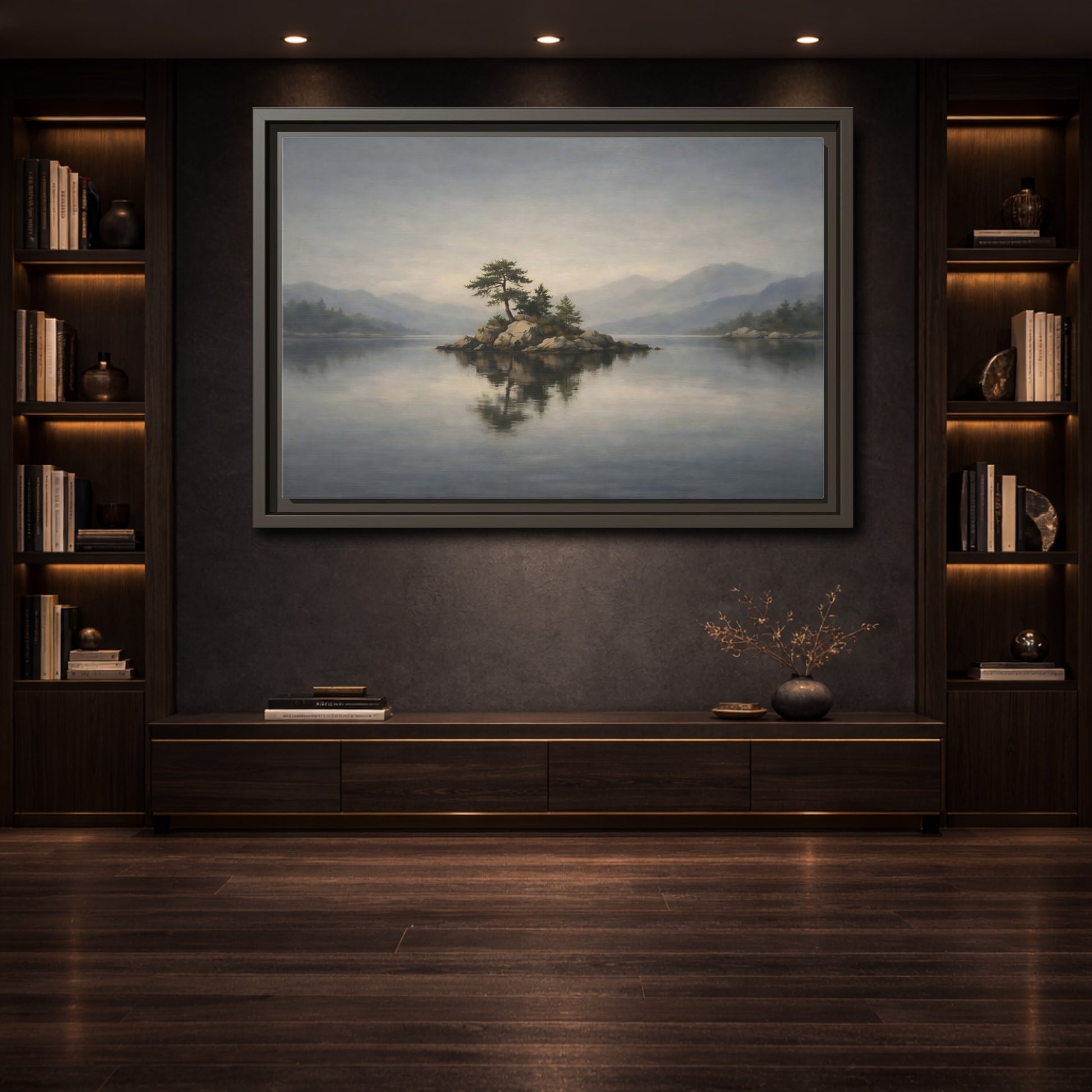 Mockup 3. Nature Island Misty Lake Island shown as stretched canvas wall art
