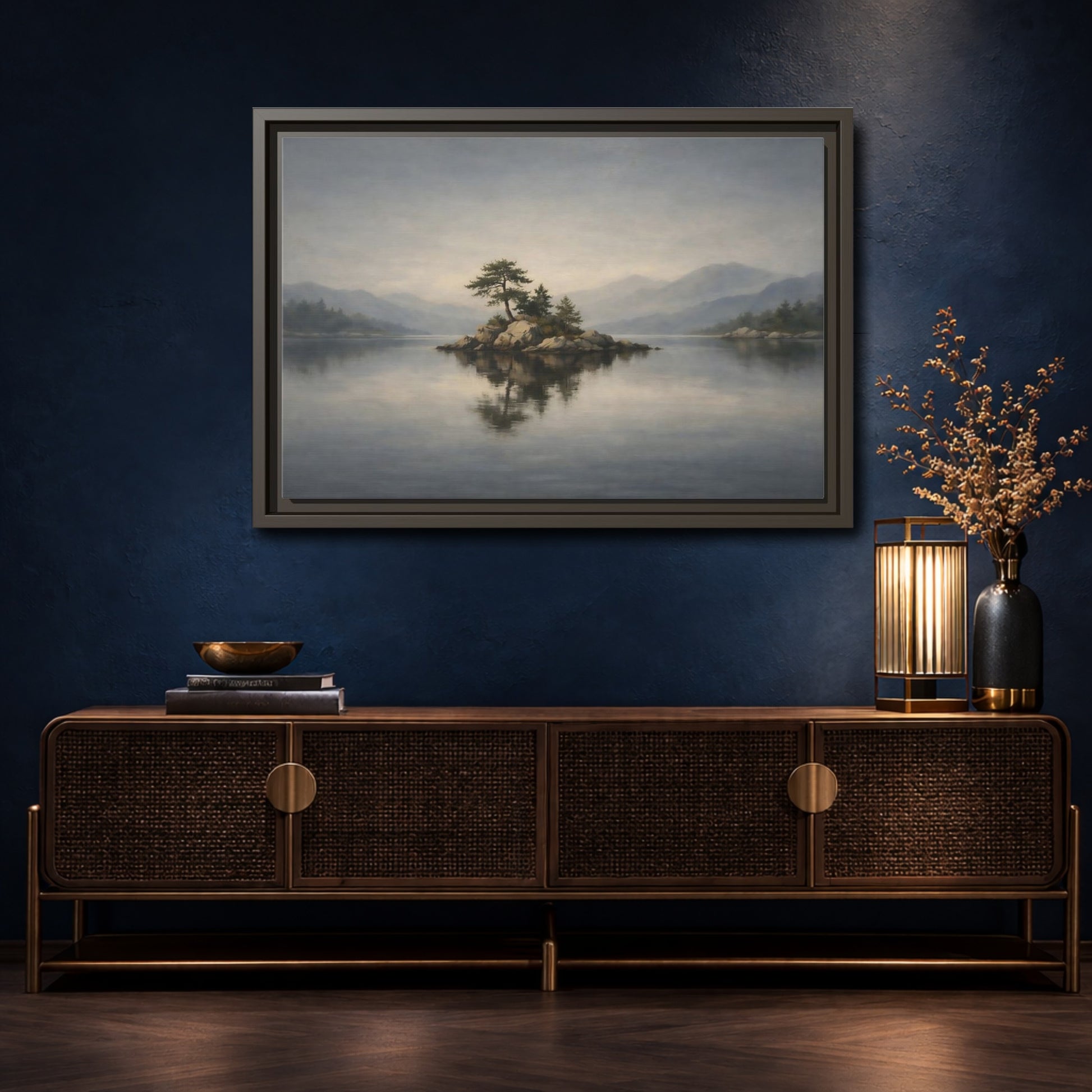 Mockup 4. Nature Island Misty Lake Island shown as stretched canvas wall art