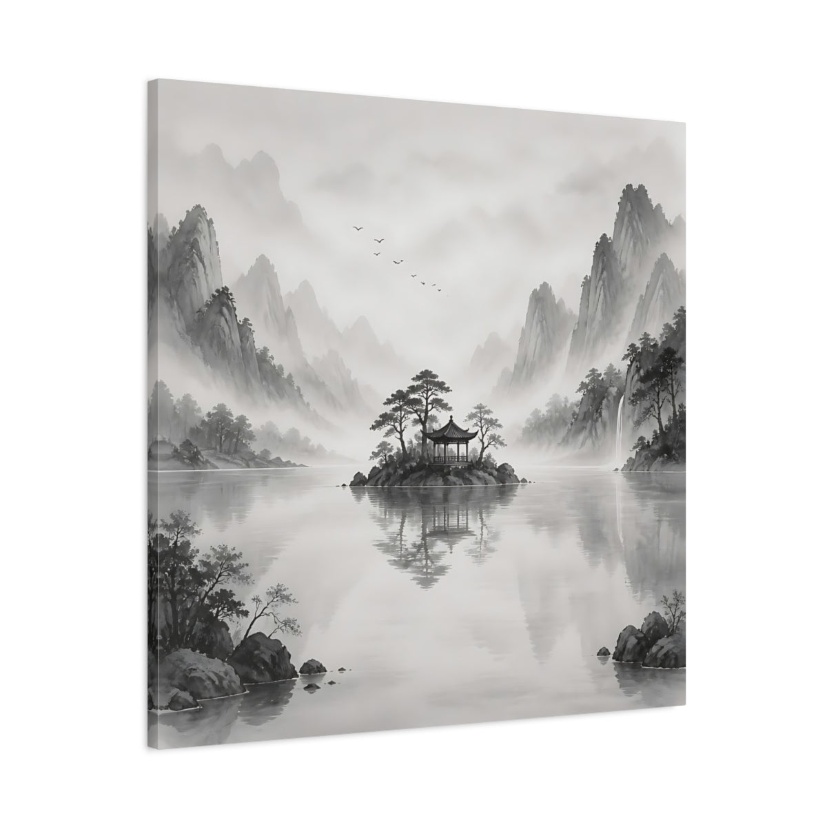 Main Mockup. Nature Island Pavilion Gray And White shown as stretched canvas wall art