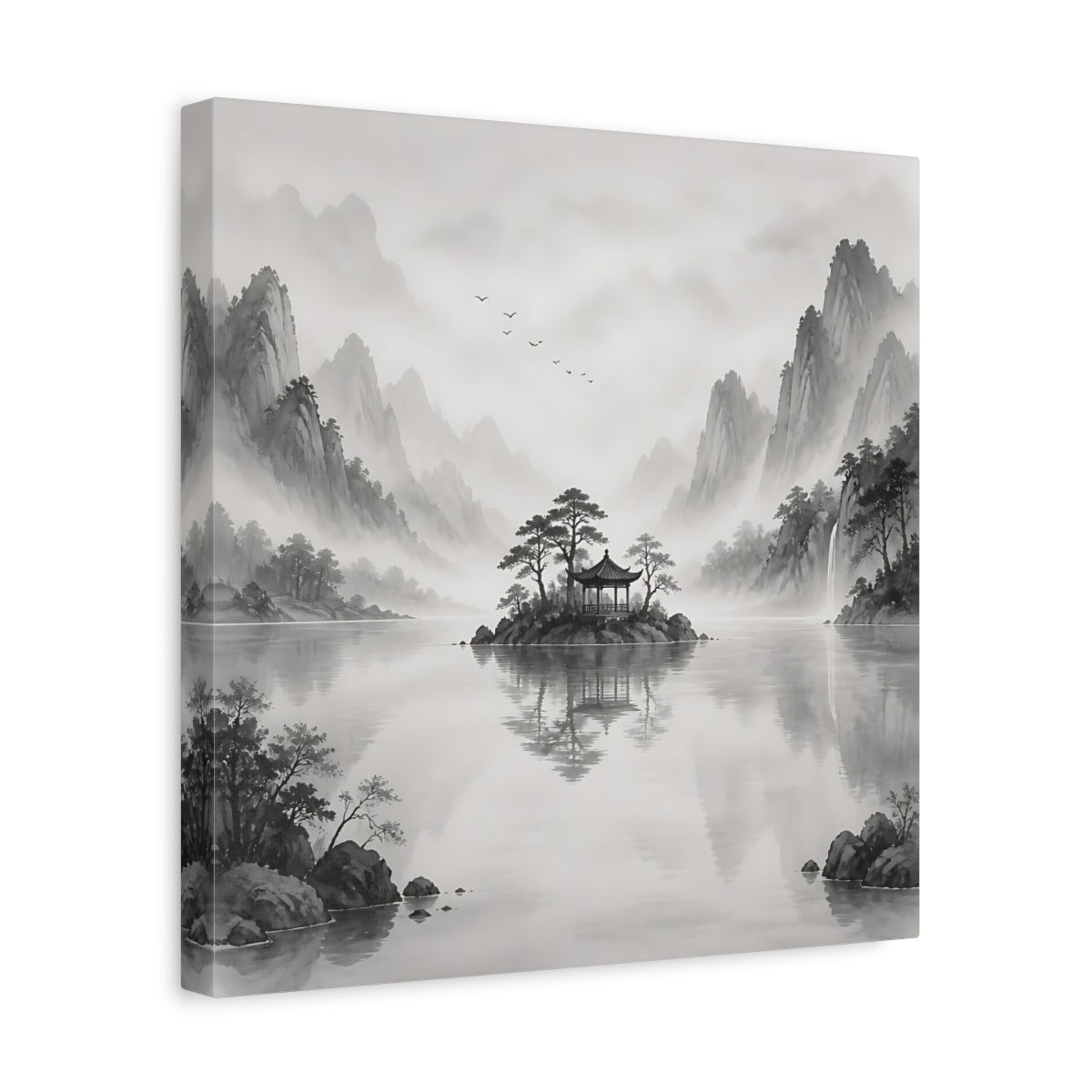 Side Mockup 7. Nature Island Pavilion Gray And White shown as stretched canvas wall art