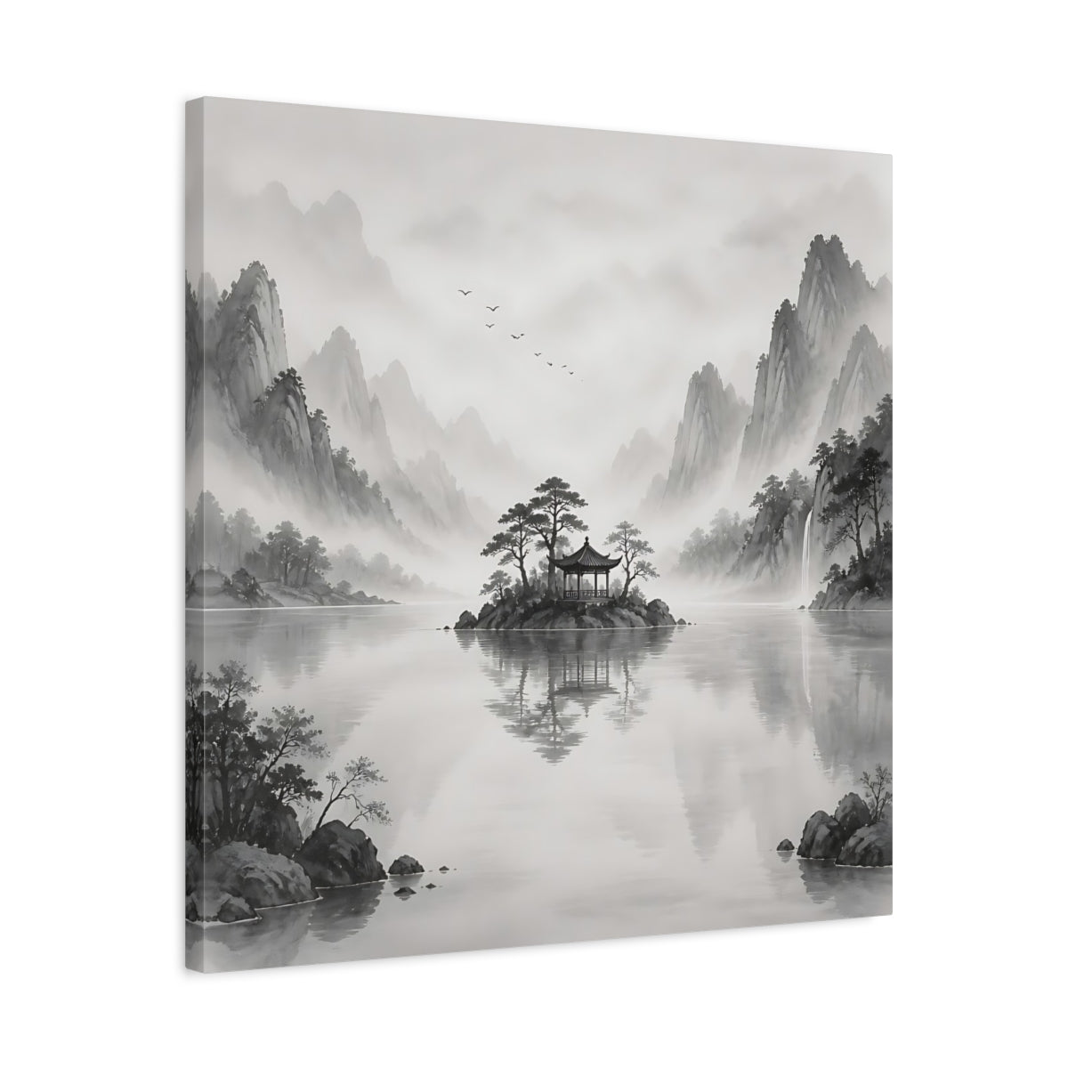 Side Mockup 4. Nature Island Pavilion Gray And White shown as stretched canvas wall art
