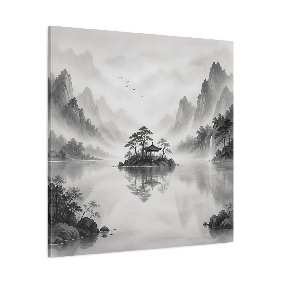 Side Mockup 1. Nature Island Pavilion Gray And White shown as stretched canvas wall art