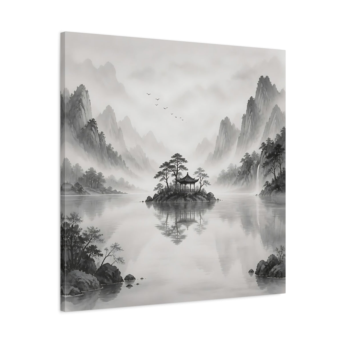 Side Mockup 3. Nature Island Pavilion Gray And White shown as stretched canvas wall art