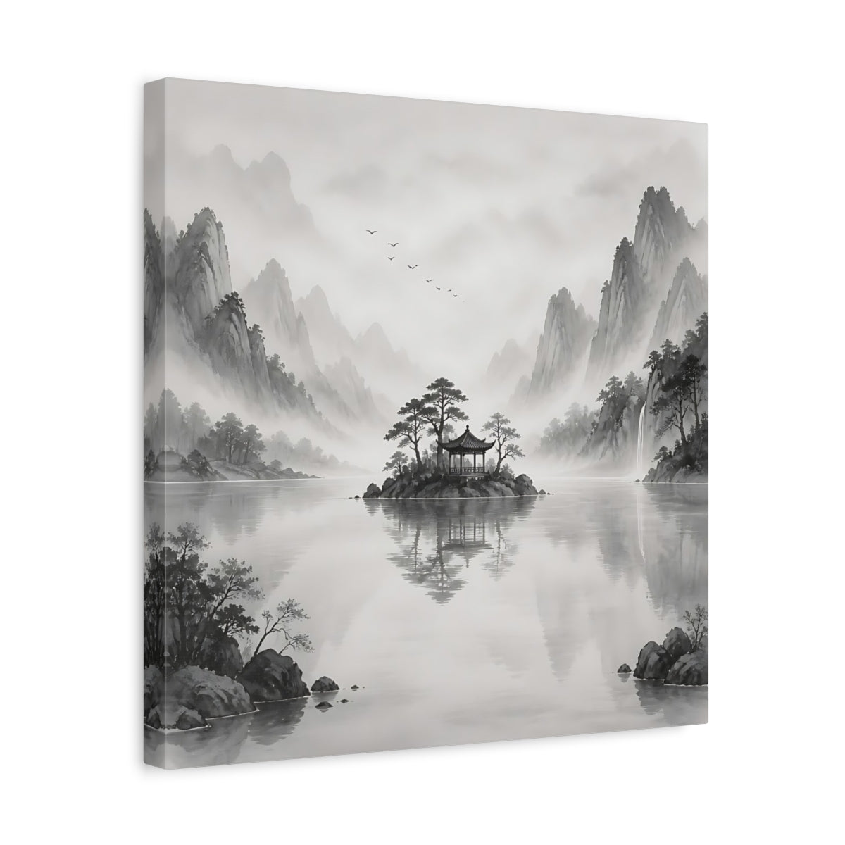 Side Mockup 6. Nature Island Pavilion Gray And White shown as stretched canvas wall art