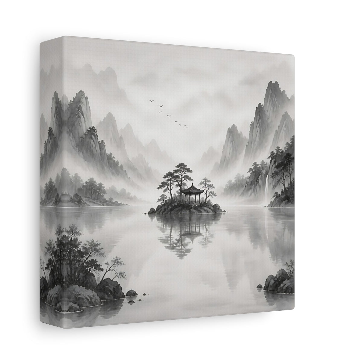 Side Mockup 2. Nature Island Pavilion Gray And White shown as stretched canvas wall art