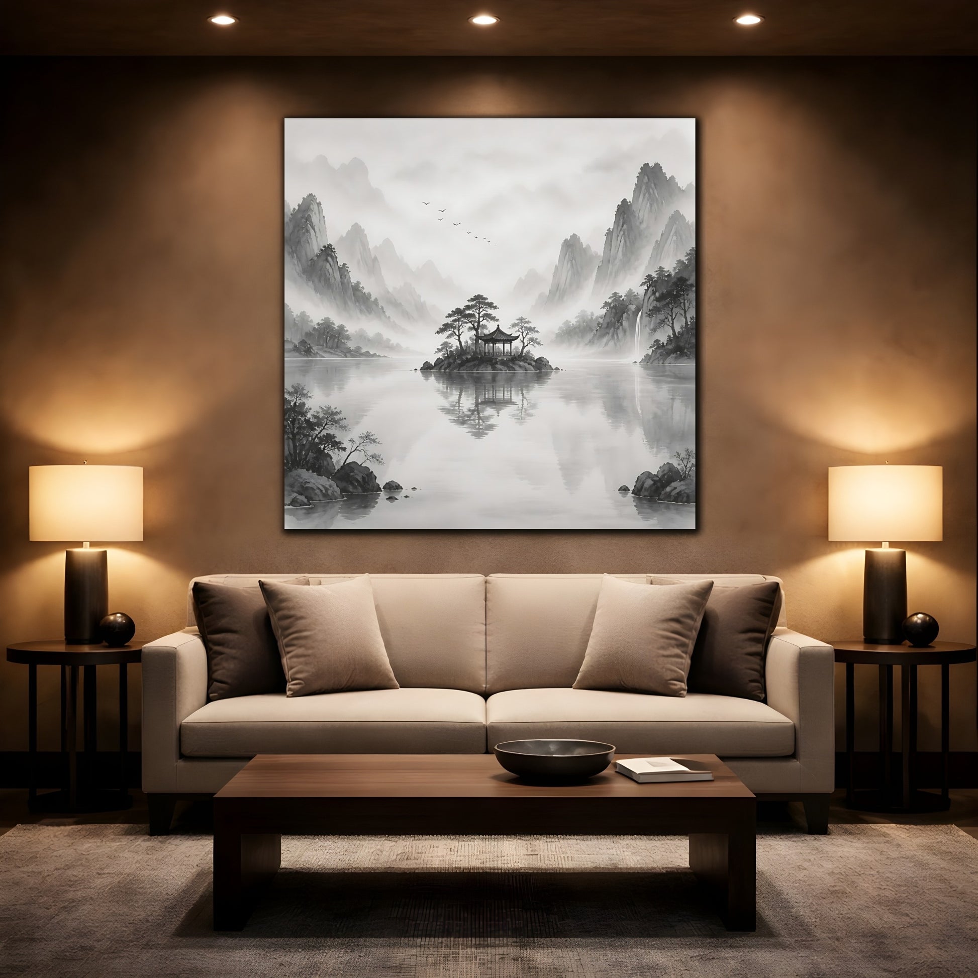 Mockup 2. Nature Island Pavilion Gray And White shown as stretched canvas wall art