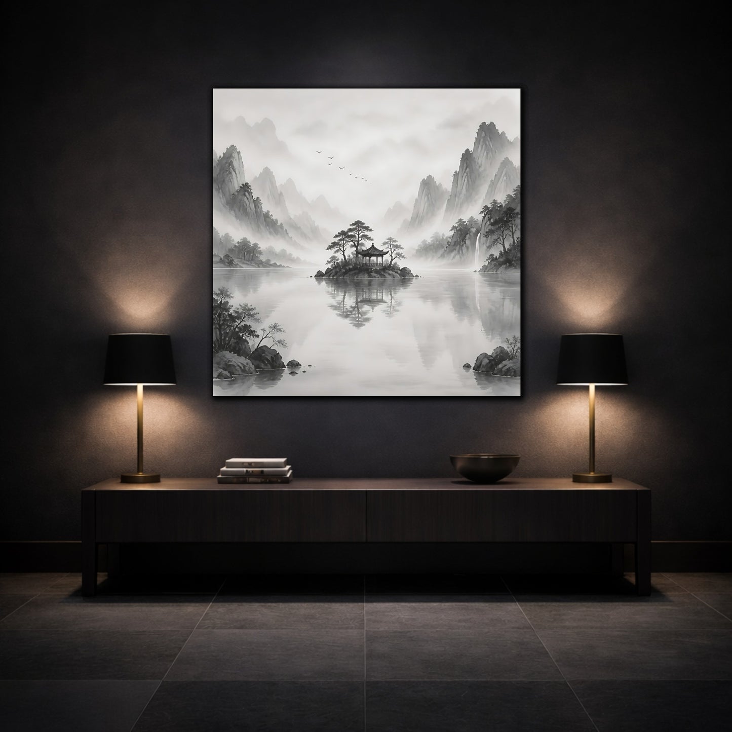 Mockup 3. Nature Island Pavilion Gray And White shown as stretched canvas wall art