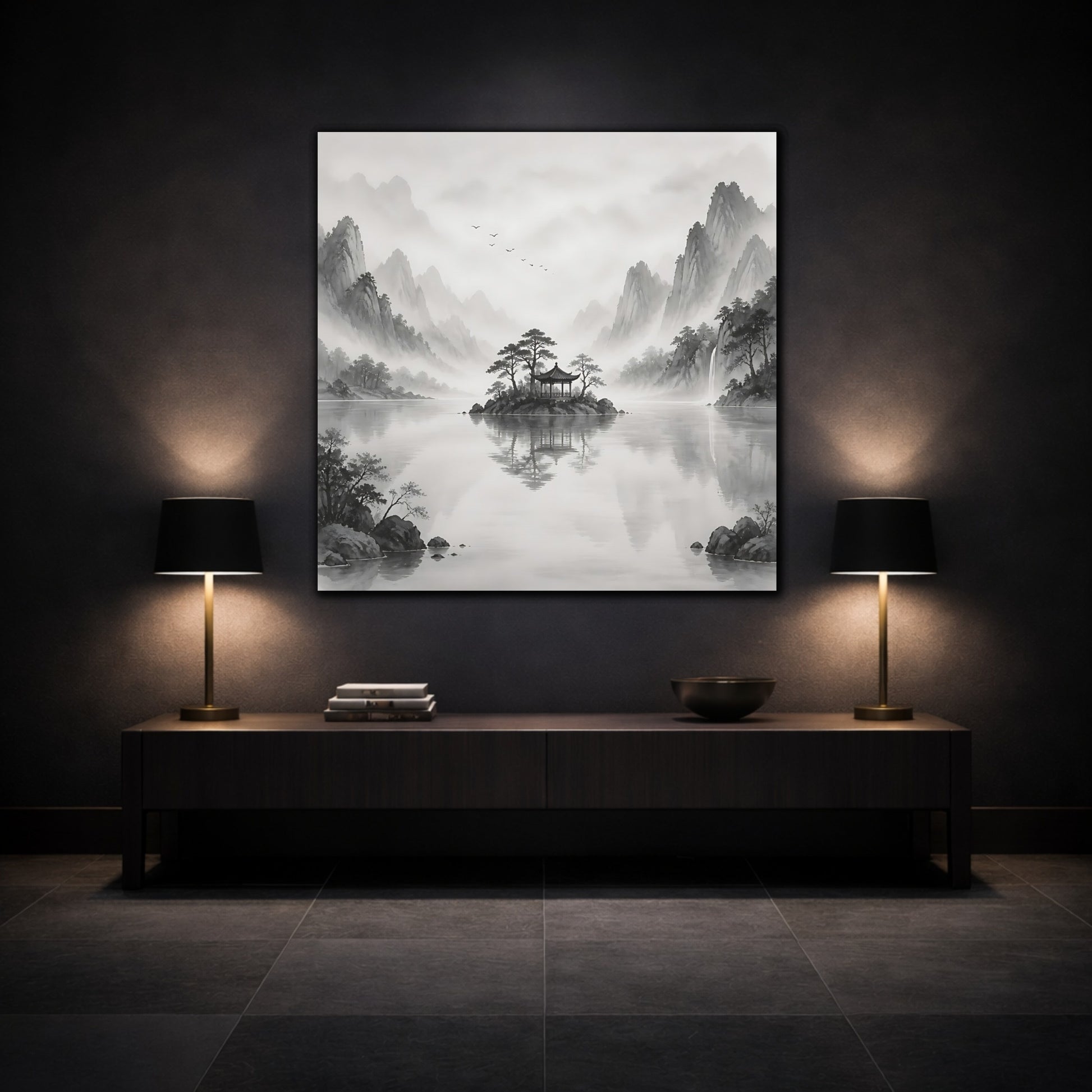 Mockup 3. Nature Island Pavilion Gray And White shown as stretched canvas wall art