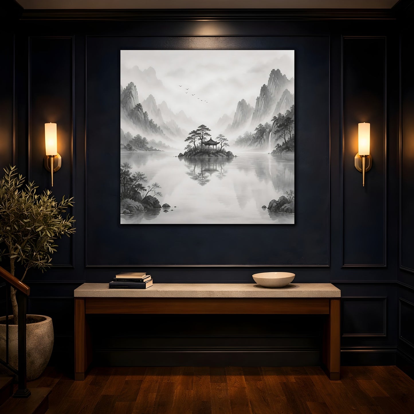 Mockup 4. Nature Island Pavilion Gray And White shown as stretched canvas wall art