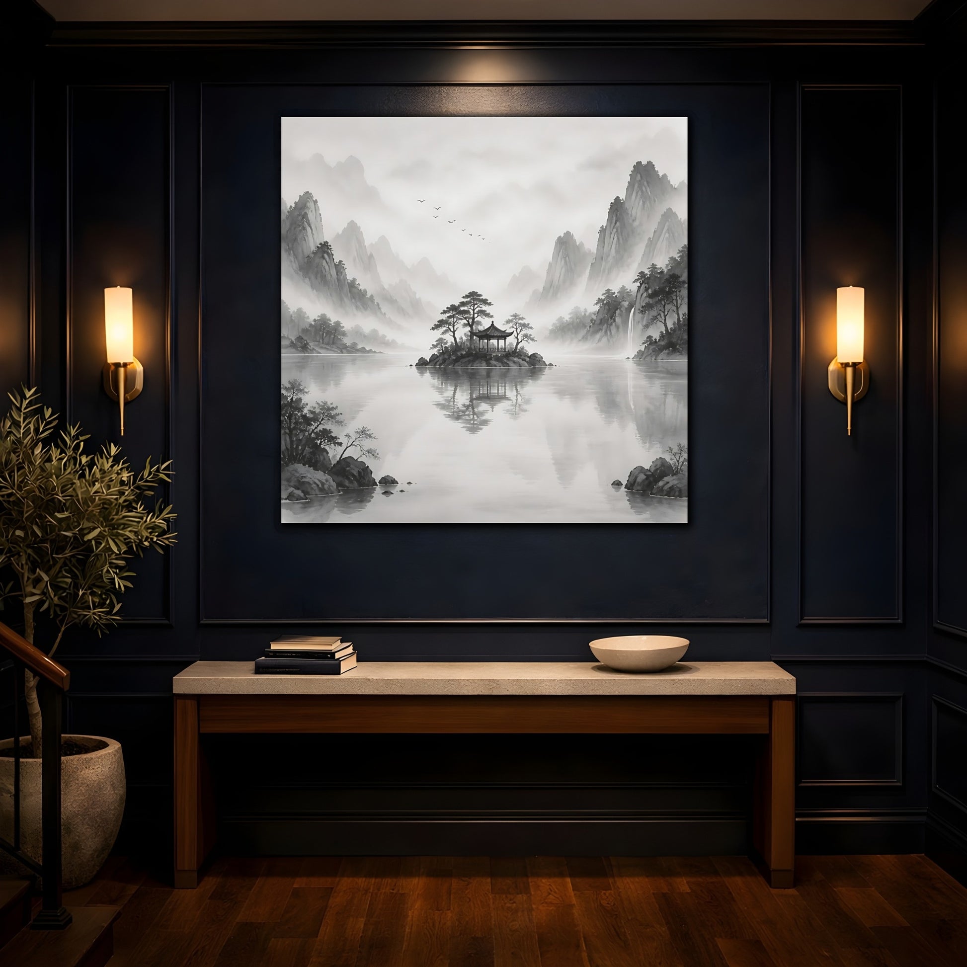 Mockup 4. Nature Island Pavilion Gray And White shown as stretched canvas wall art