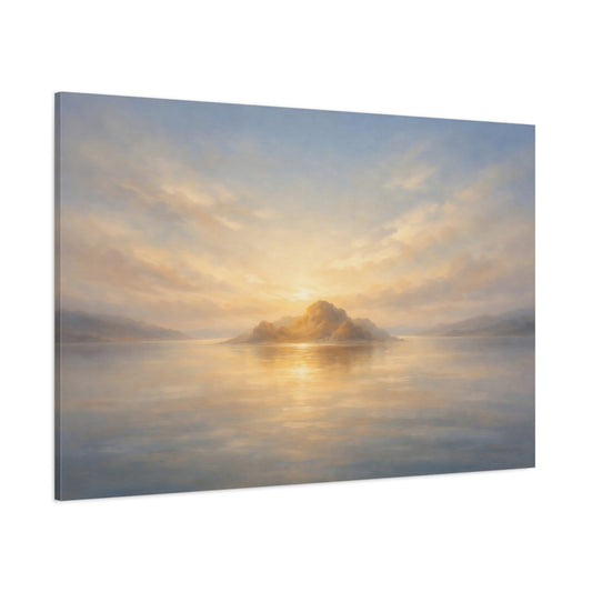 Main Mockup. Nature Island Sunset Golden Horizon shown as stretched canvas wall art