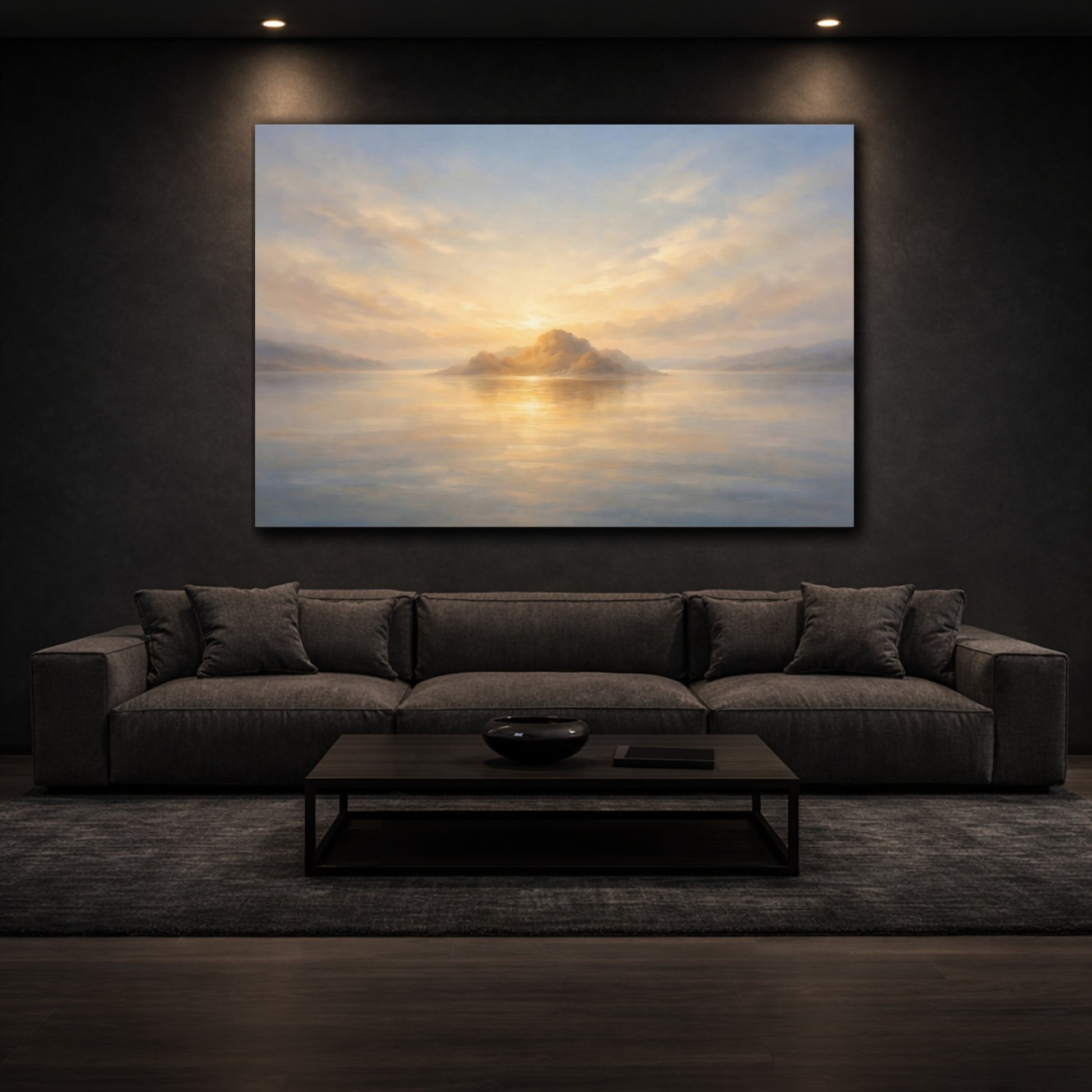 Mockup 2. Nature Island Sunset Golden Horizon shown as stretched canvas wall art