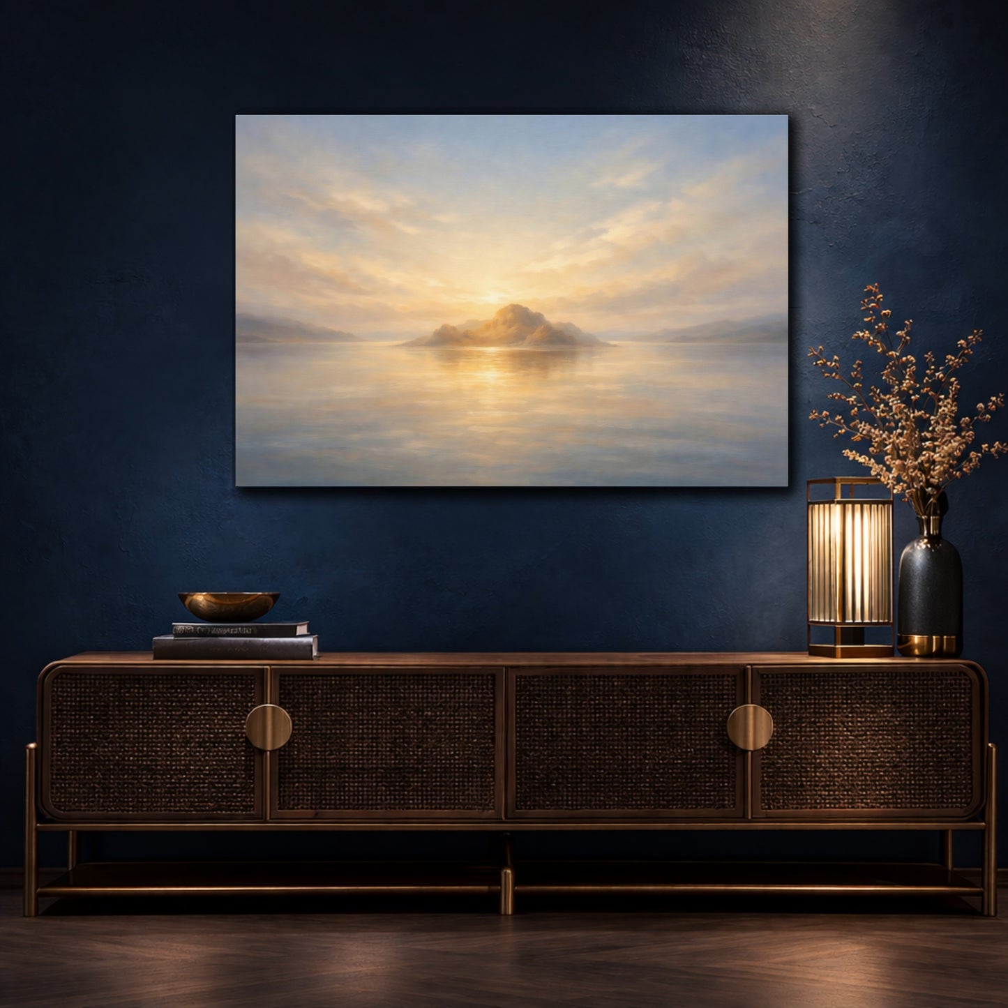 Mockup 4. Nature Island Sunset Golden Horizon shown as stretched canvas wall art