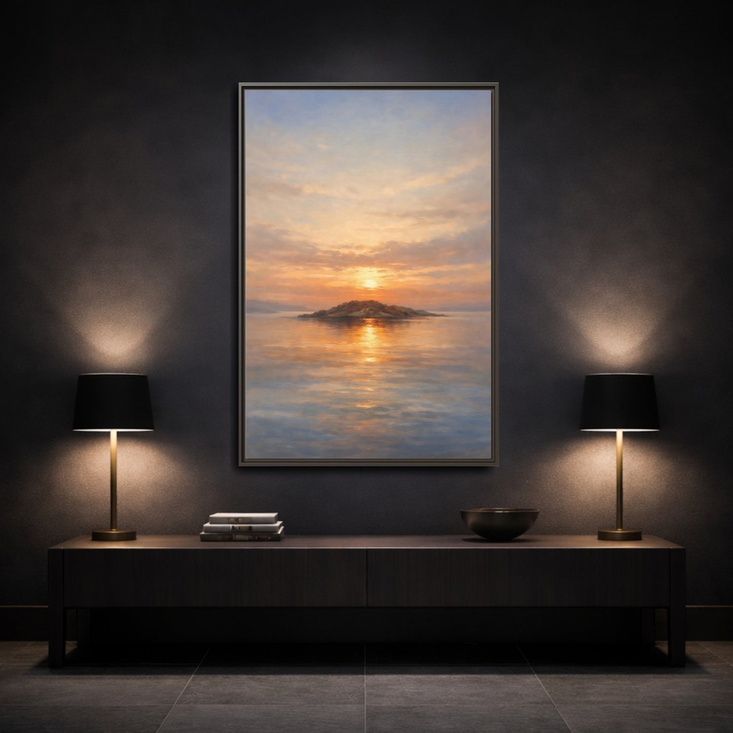 Mockup 2. Nature Island Sunset Golden Sunset shown as stretched canvas wall art