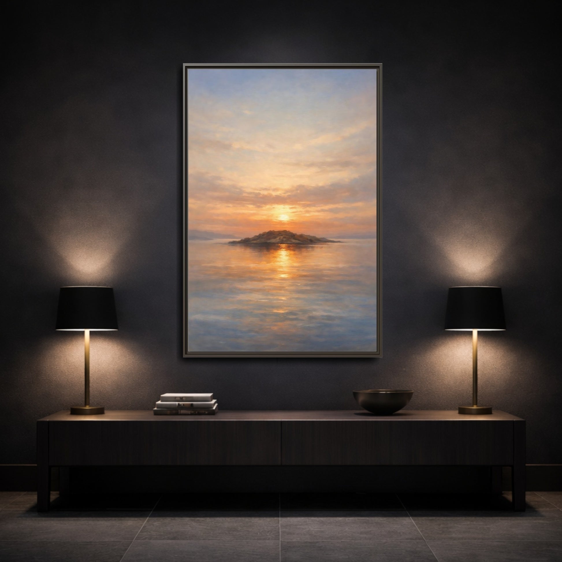 Mockup 2. Nature Island Sunset Golden Sunset shown as stretched canvas wall art