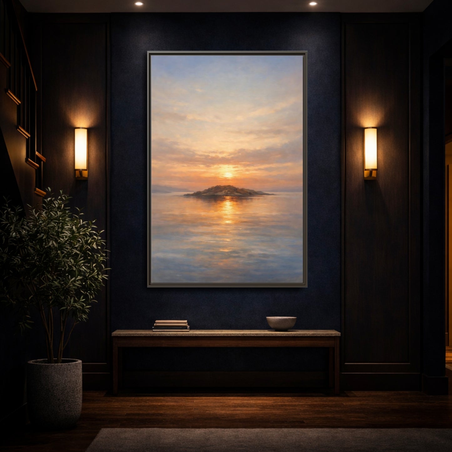 Mockup 3. Nature Island Sunset Golden Sunset shown as stretched canvas wall art