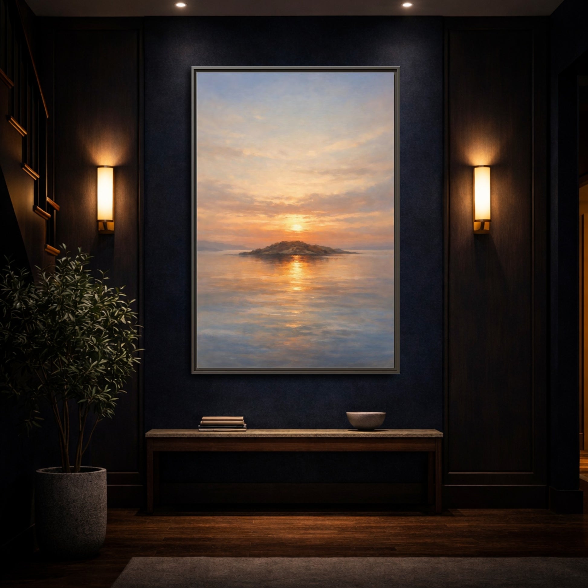 Mockup 3. Nature Island Sunset Golden Sunset shown as stretched canvas wall art