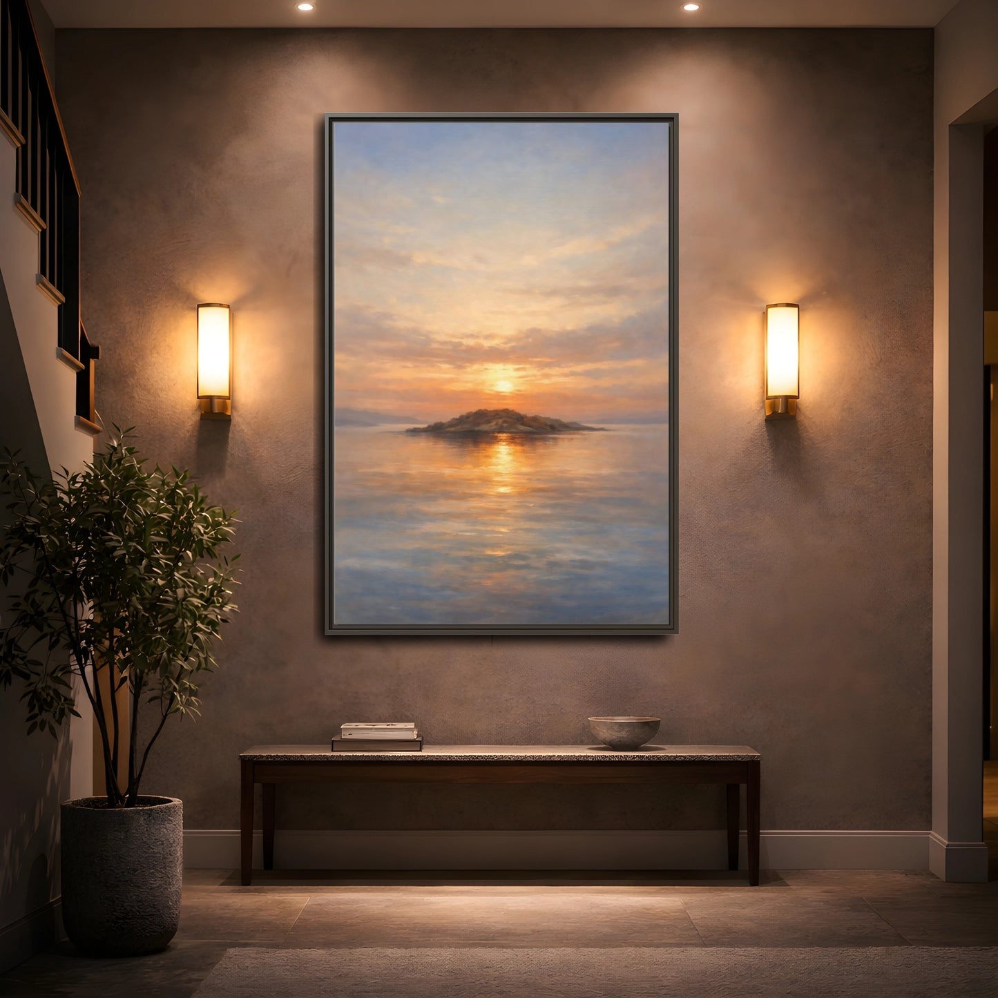 Mockup 4. Nature Island Sunset Golden Sunset shown as stretched canvas wall art