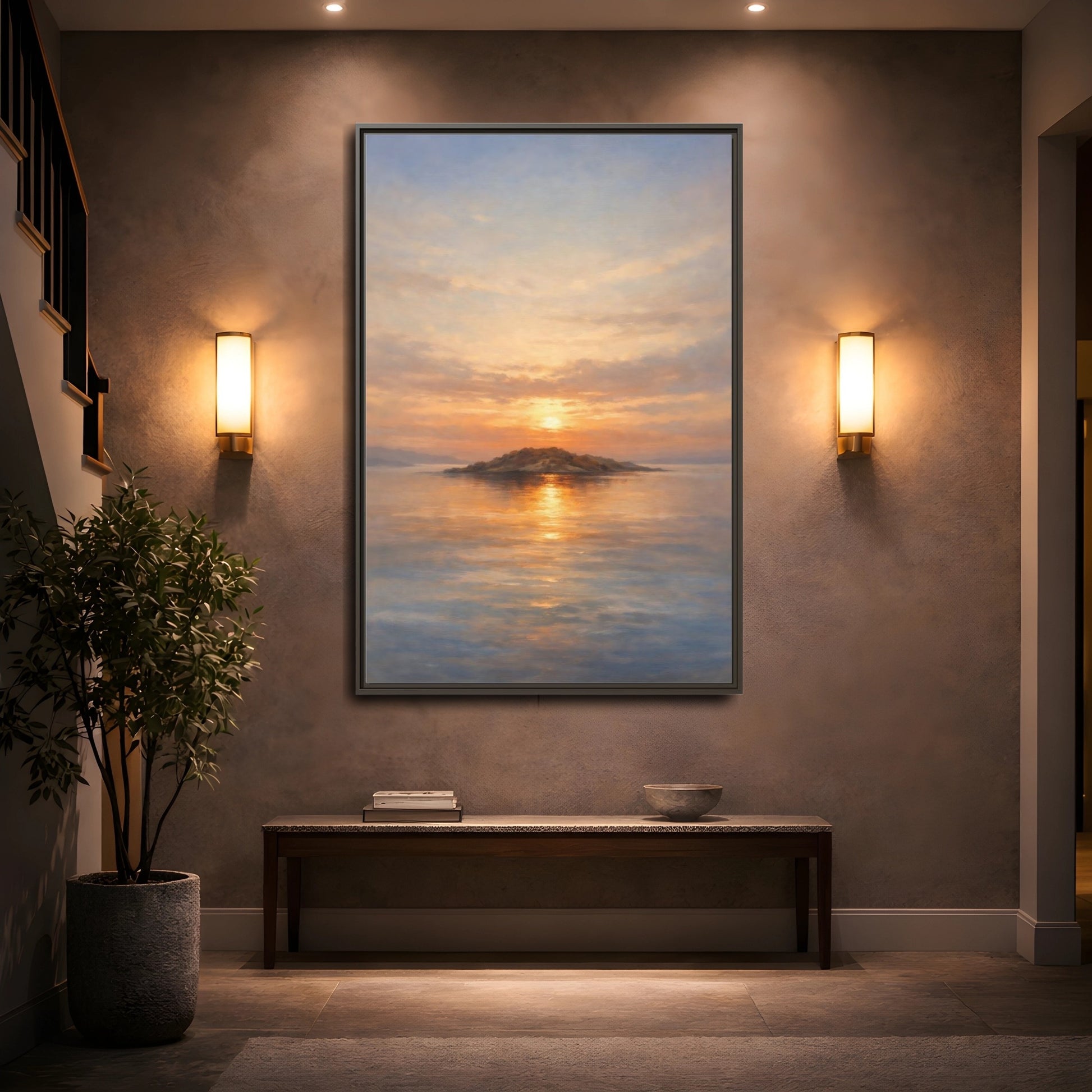 Mockup 4. Nature Island Sunset Golden Sunset shown as stretched canvas wall art