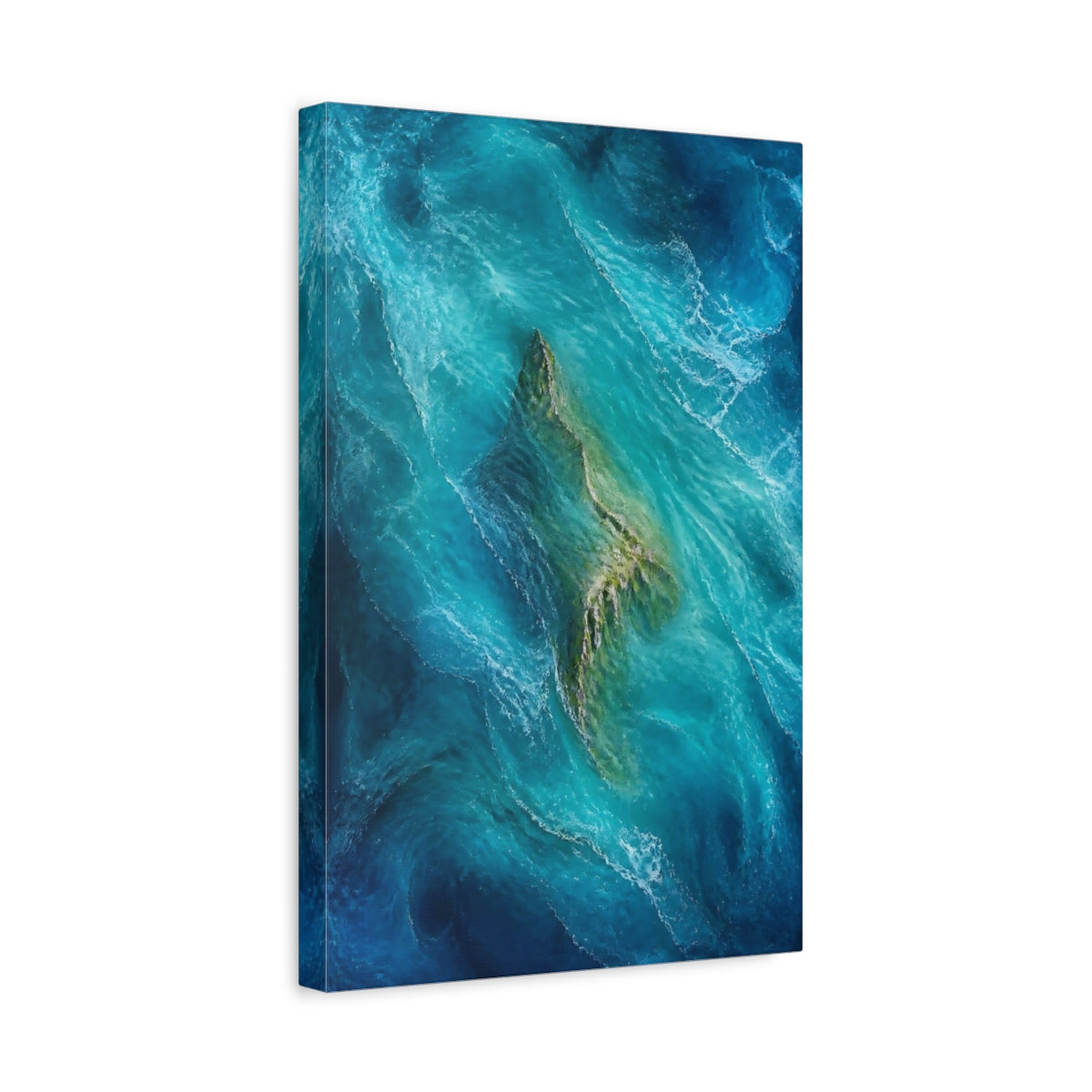 Side Mockup 4. Nature Island Teal Ocean Island shown as stretched canvas wall art