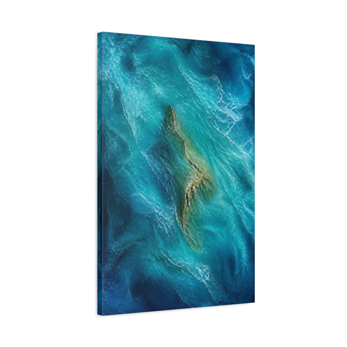 Side Mockup 2. Nature Island Teal Ocean Island shown as stretched canvas wall art