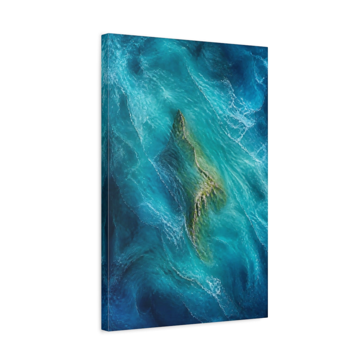 Side Mockup 3. Nature Island Teal Ocean Island shown as stretched canvas wall art