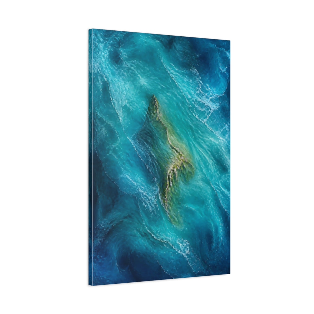 Main Mockup. Nature Island Teal Ocean Island shown as stretched canvas wall art