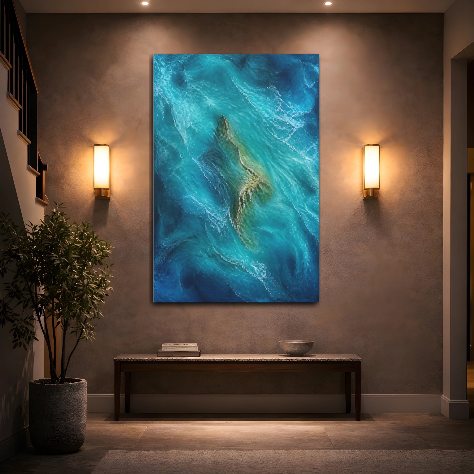 Mockup 2. Nature Island Teal Ocean Island shown as stretched canvas wall art