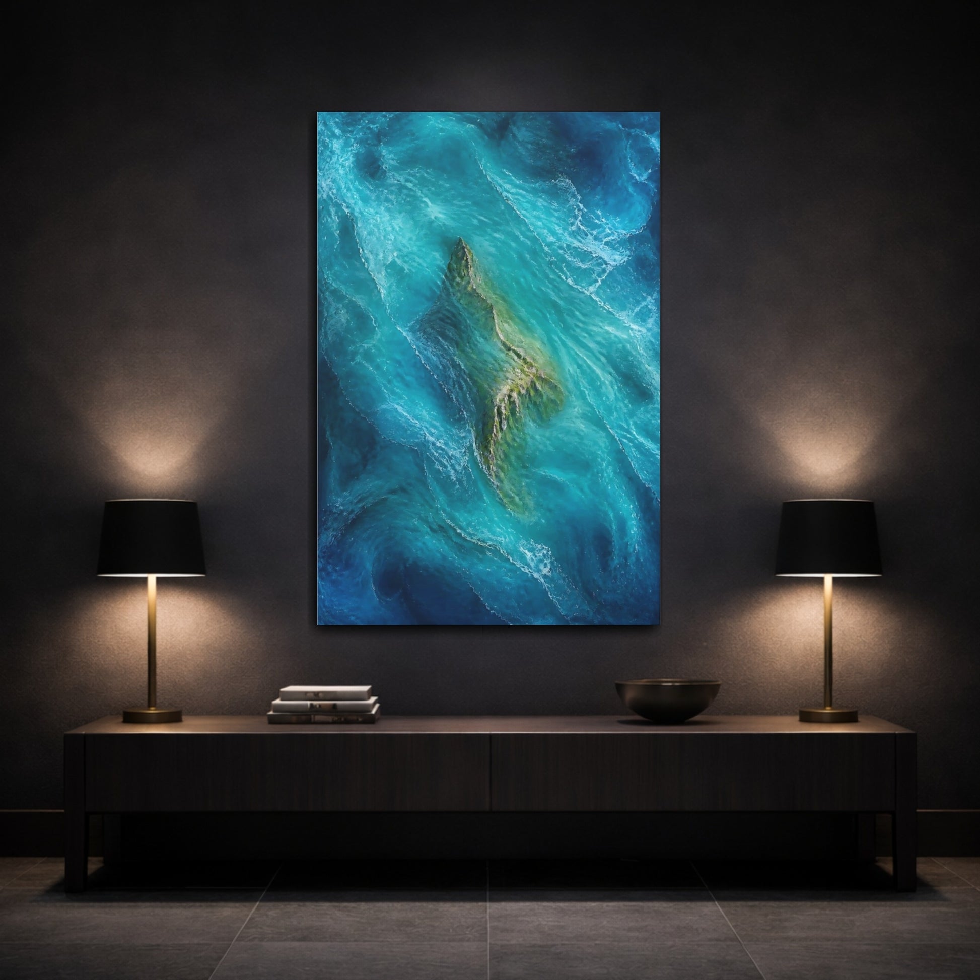 Mockup 3. Nature Island Teal Ocean Island shown as stretched canvas wall art