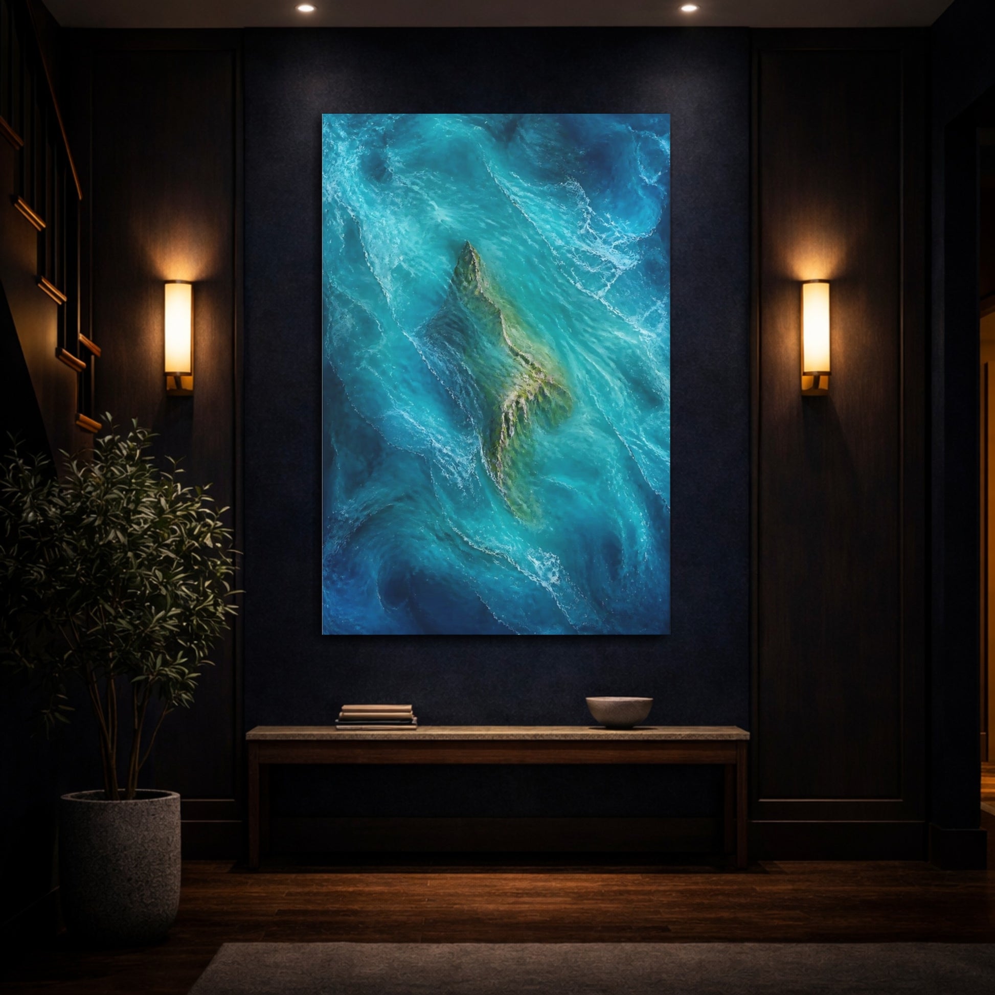 Mockup 4. Nature Island Teal Ocean Island shown as stretched canvas wall art