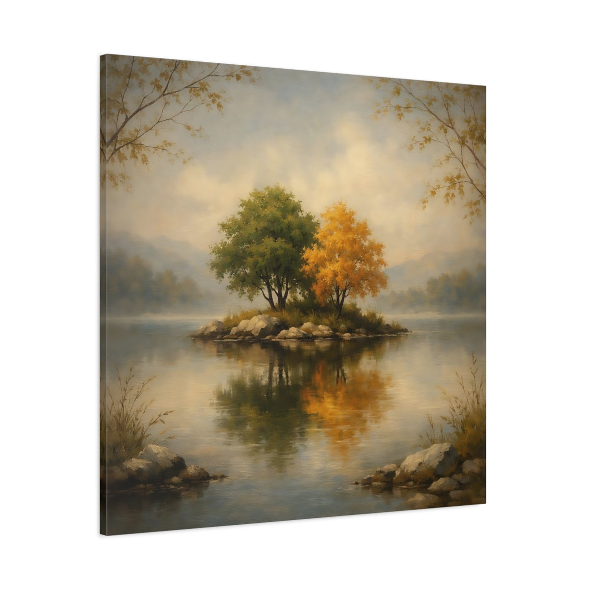 Main Mockup. Nature Island Trees Autumn Lake shown as stretched canvas wall art