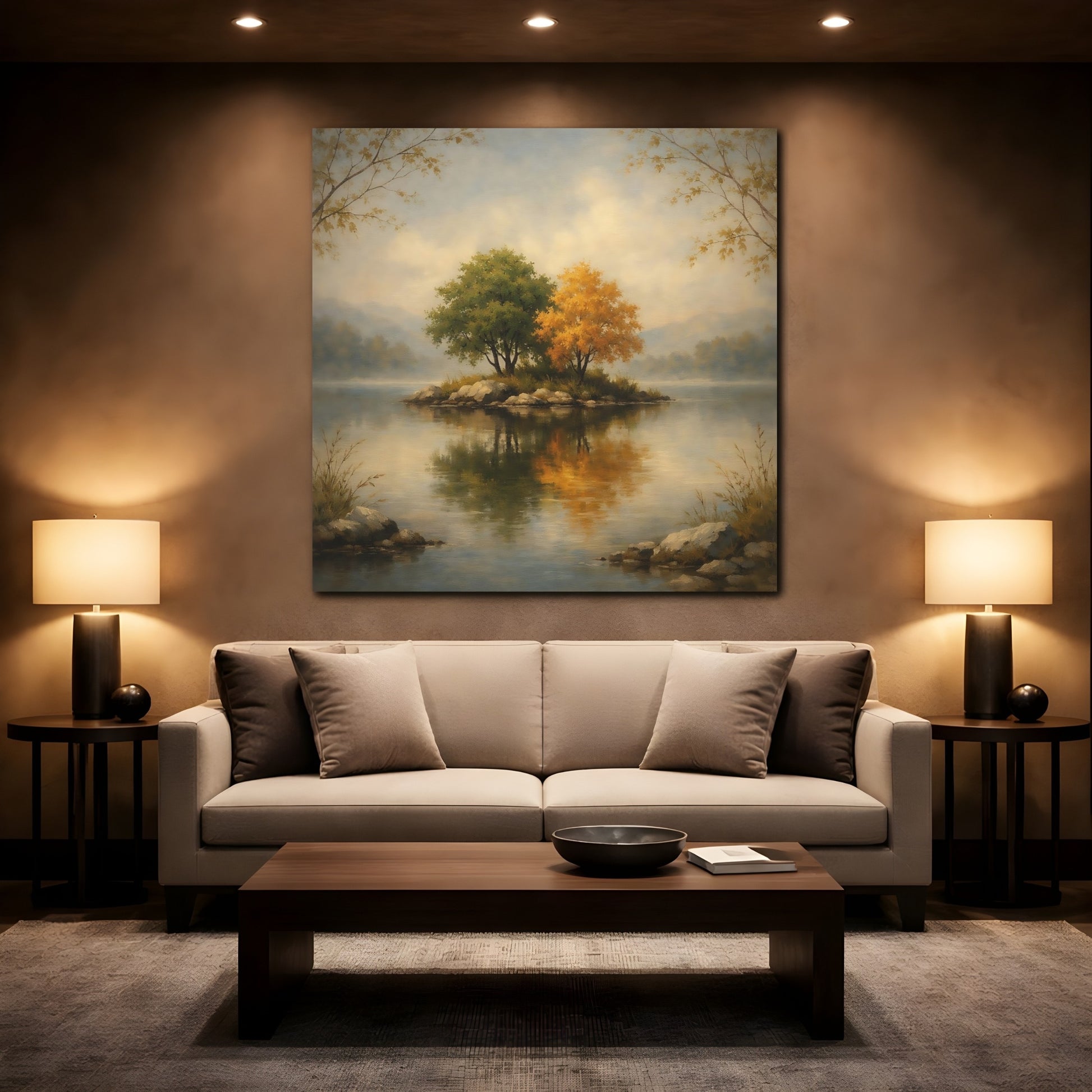 Mockup 2. Nature Island Trees Autumn Lake shown as stretched canvas wall art