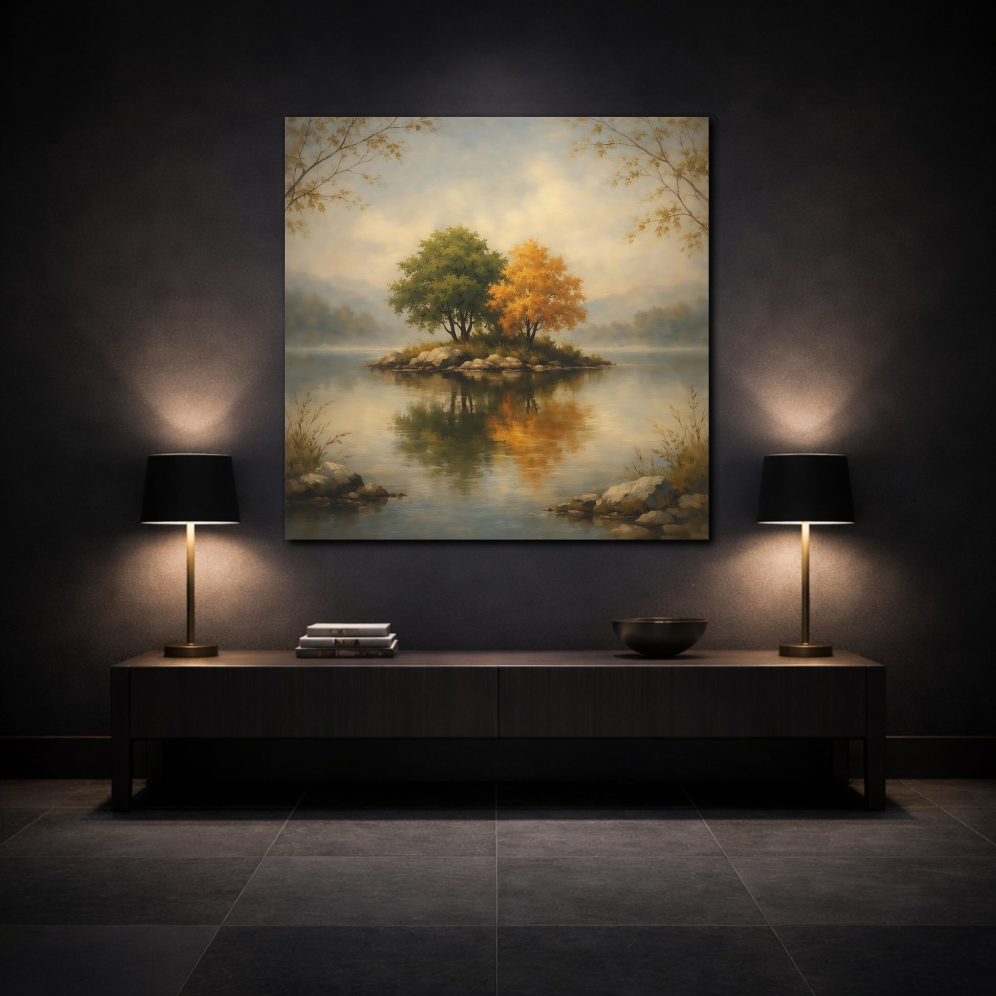 Mockup 3. Nature Island Trees Autumn Lake shown as stretched canvas wall art