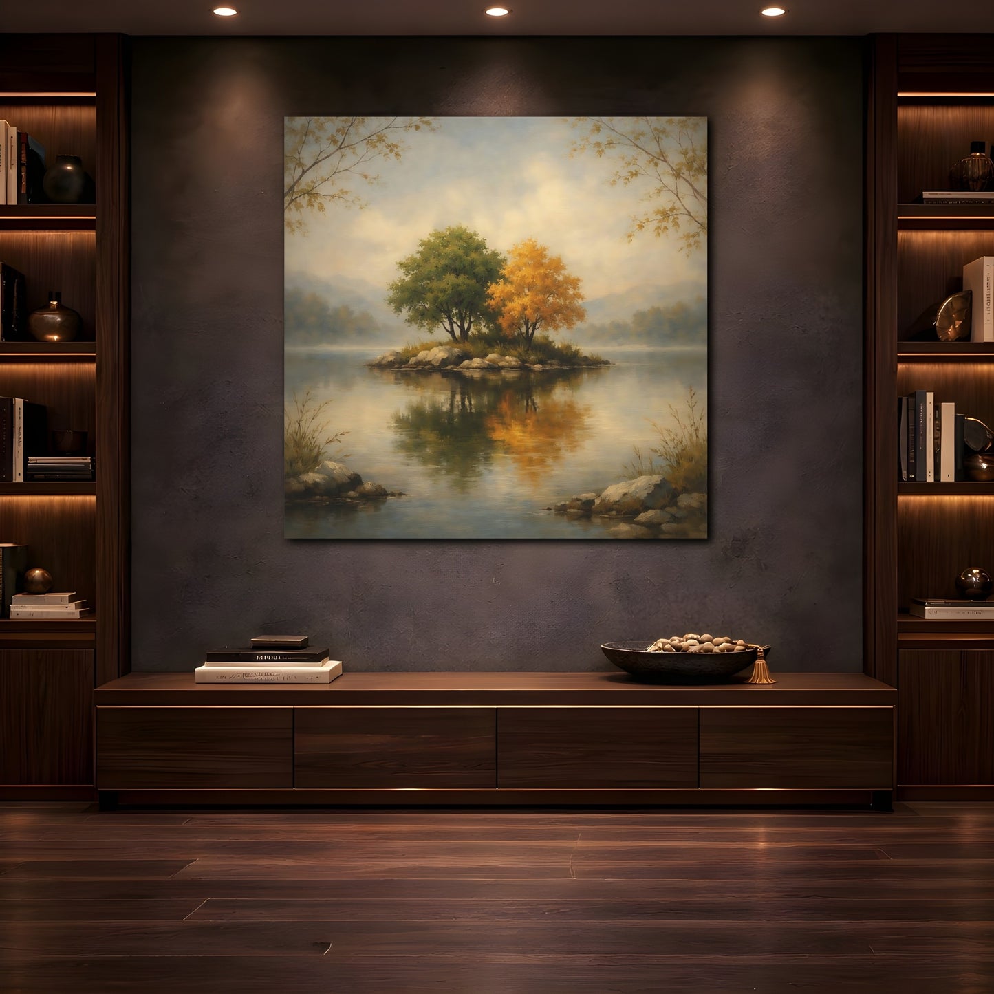 Mockup 4. Nature Island Trees Autumn Lake shown as stretched canvas wall art
