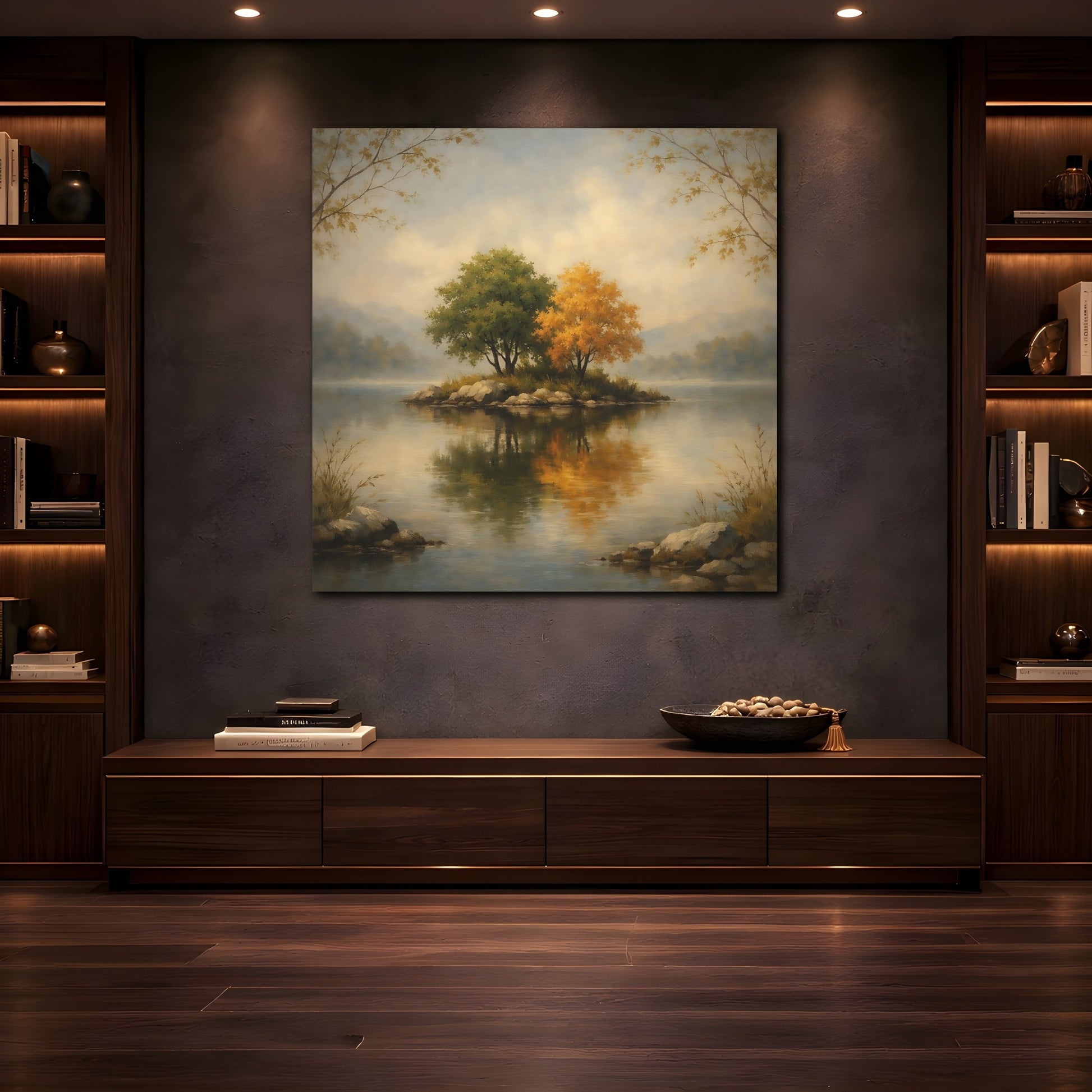Mockup 4. Nature Island Trees Autumn Lake shown as stretched canvas wall art