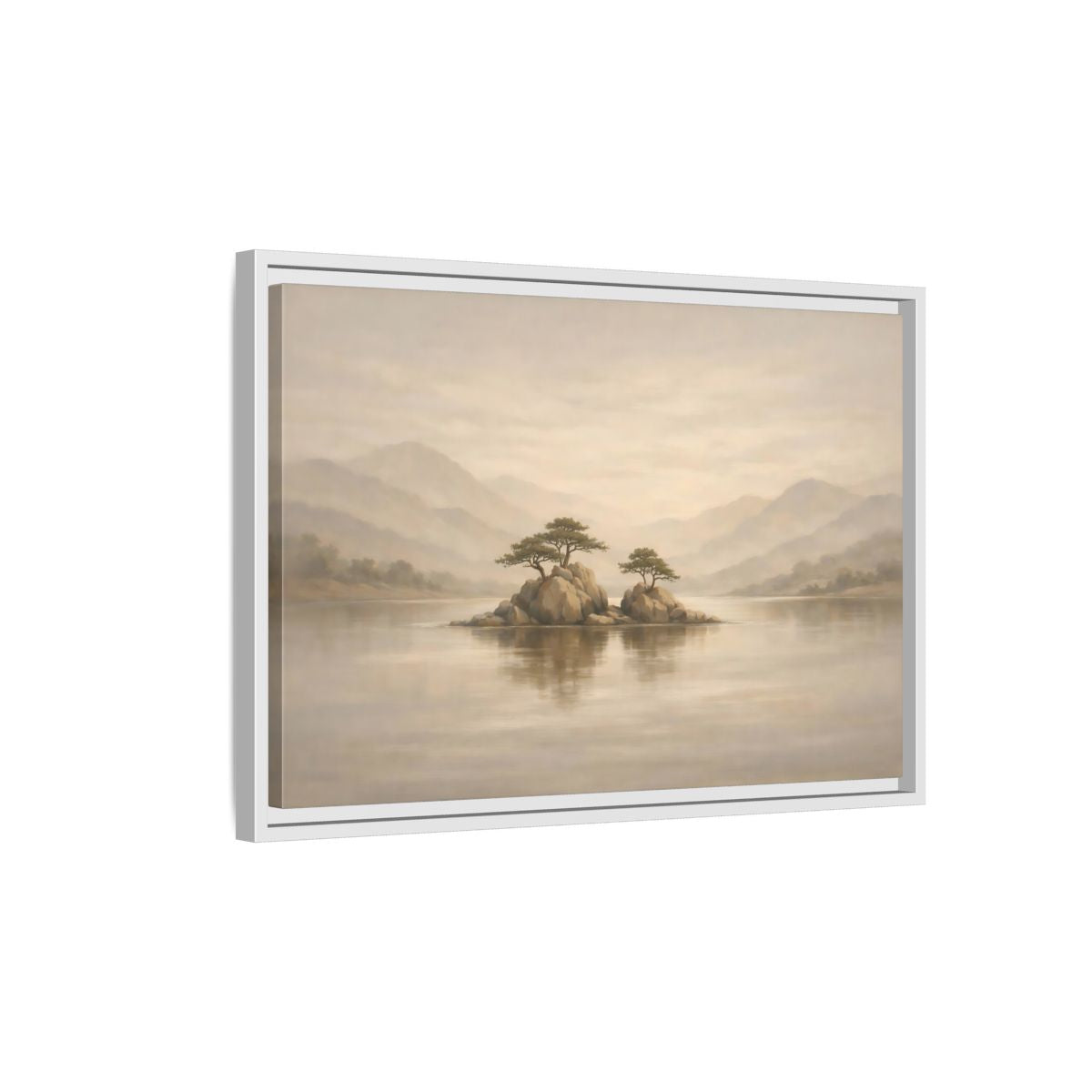 Side Mockup 1. Nature Island Trees Beige Landscape shown as stretched canvas wall art