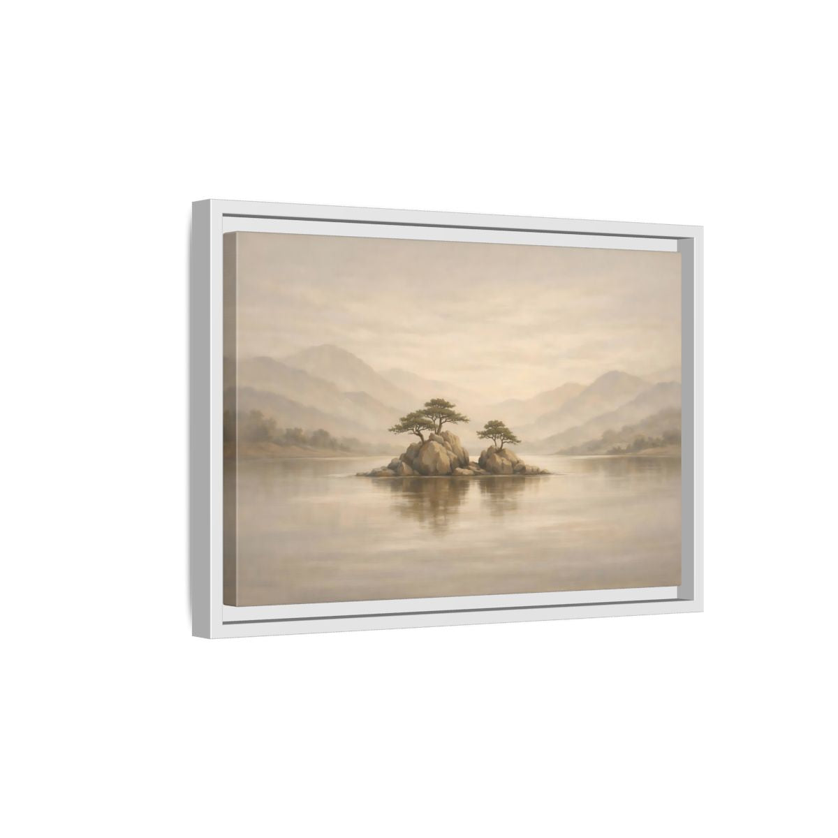 Side Mockup 4. Nature Island Trees Beige Landscape shown as stretched canvas wall art