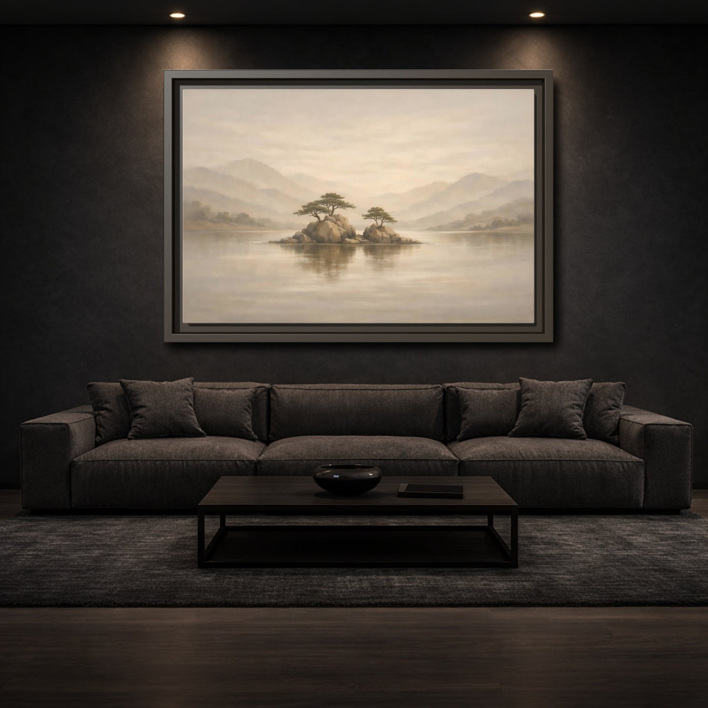 Mockup 2. Nature Island Trees Beige Landscape shown as stretched canvas wall art
