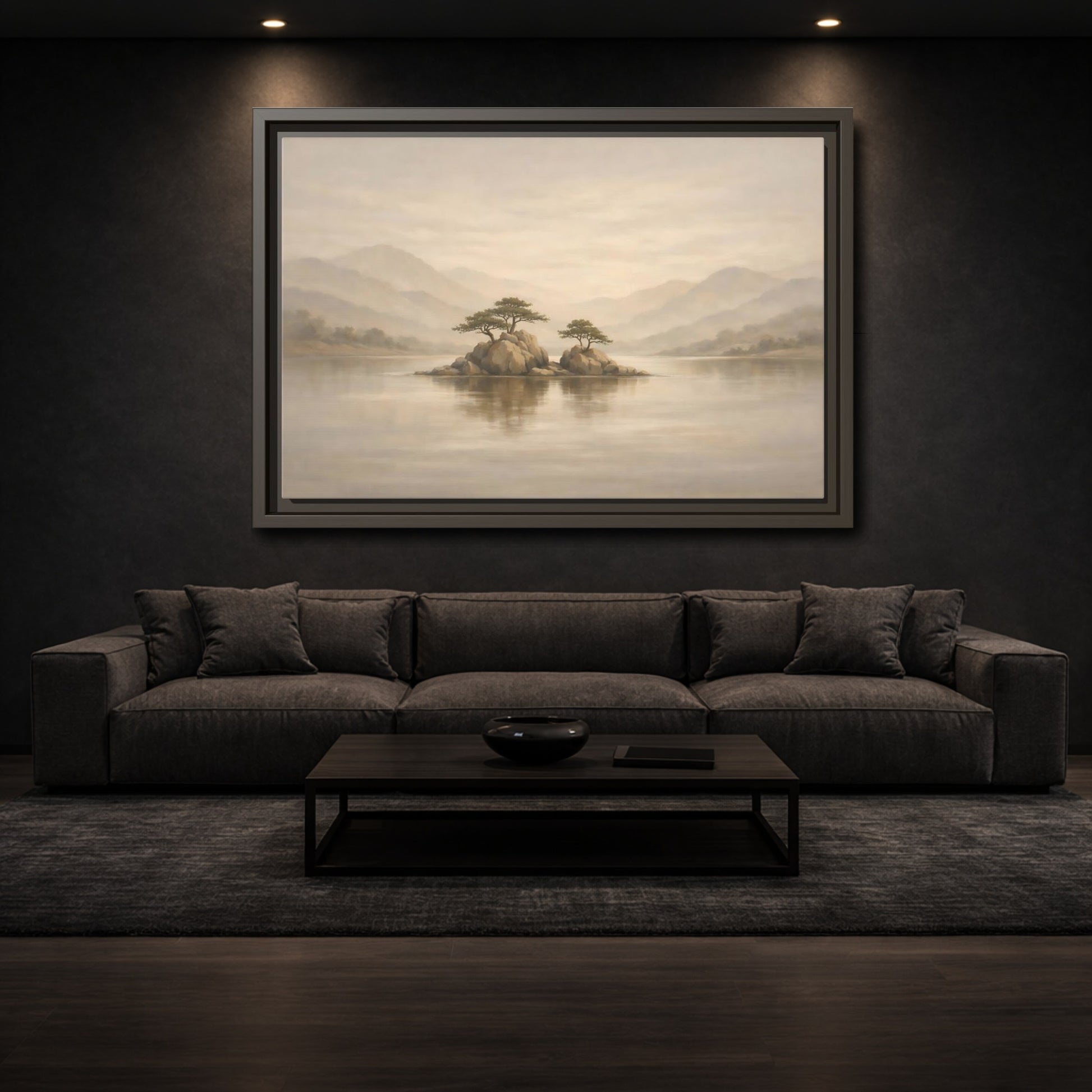 Mockup 2. Nature Island Trees Beige Landscape shown as stretched canvas wall art