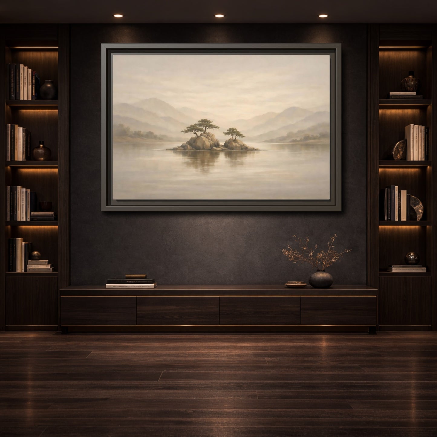 Mockup 3. Nature Island Trees Beige Landscape shown as stretched canvas wall art