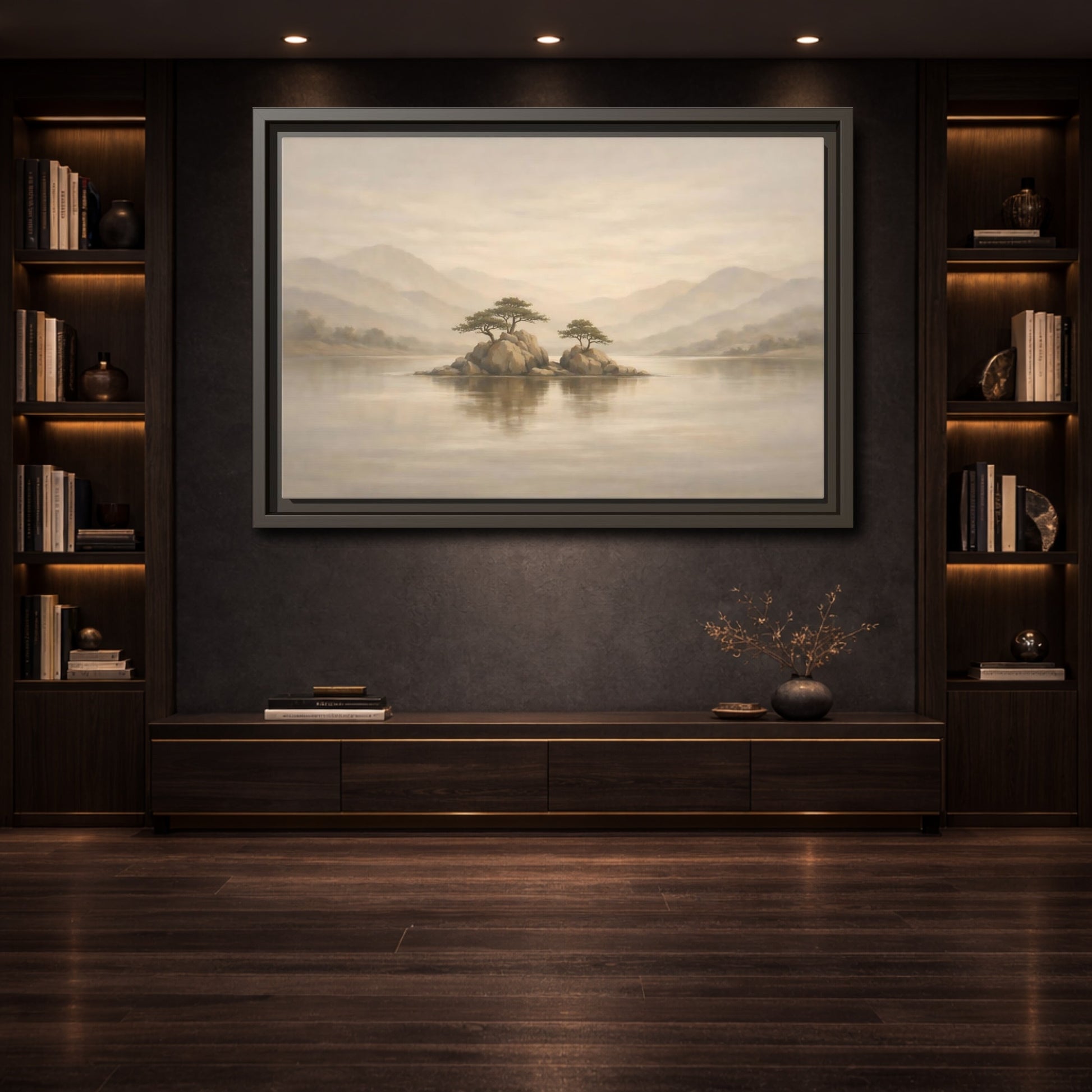 Mockup 3. Nature Island Trees Beige Landscape shown as stretched canvas wall art
