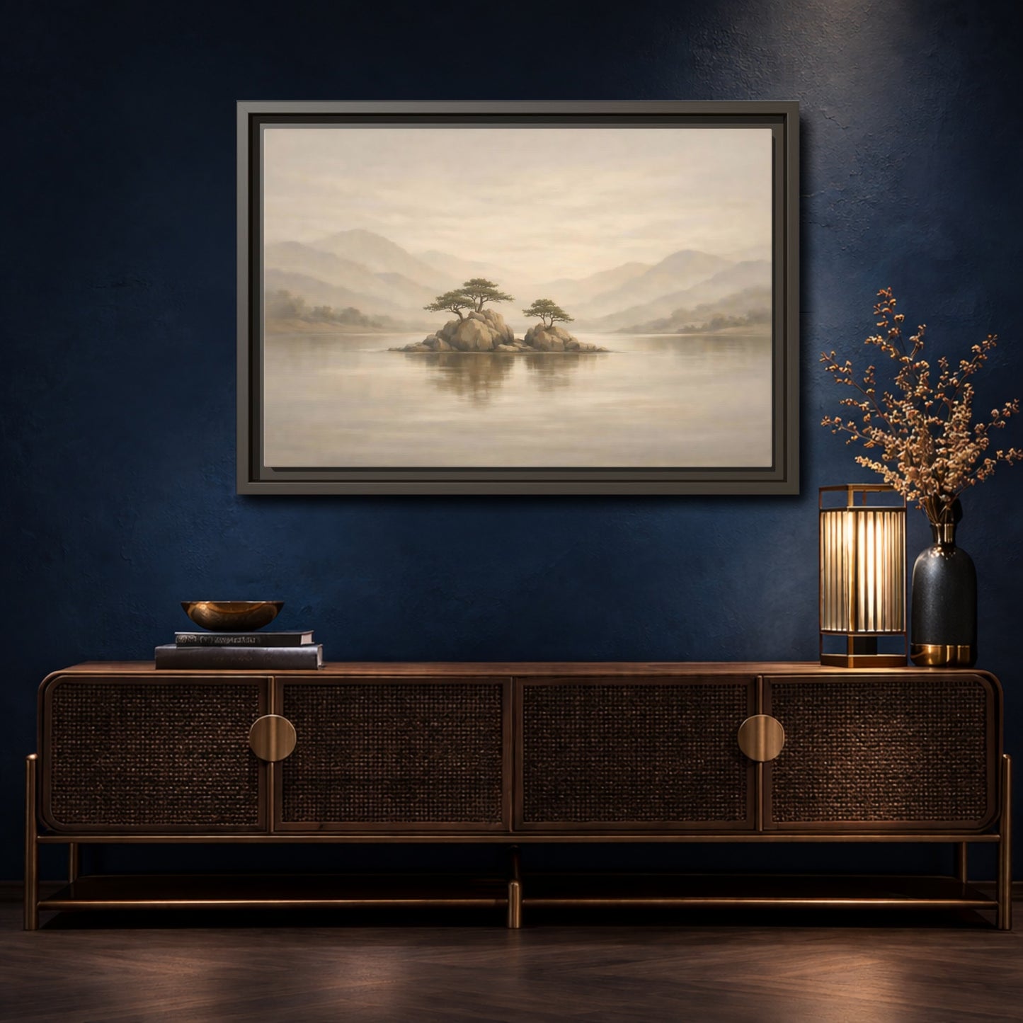 Mockup 4. Nature Island Trees Beige Landscape shown as stretched canvas wall art