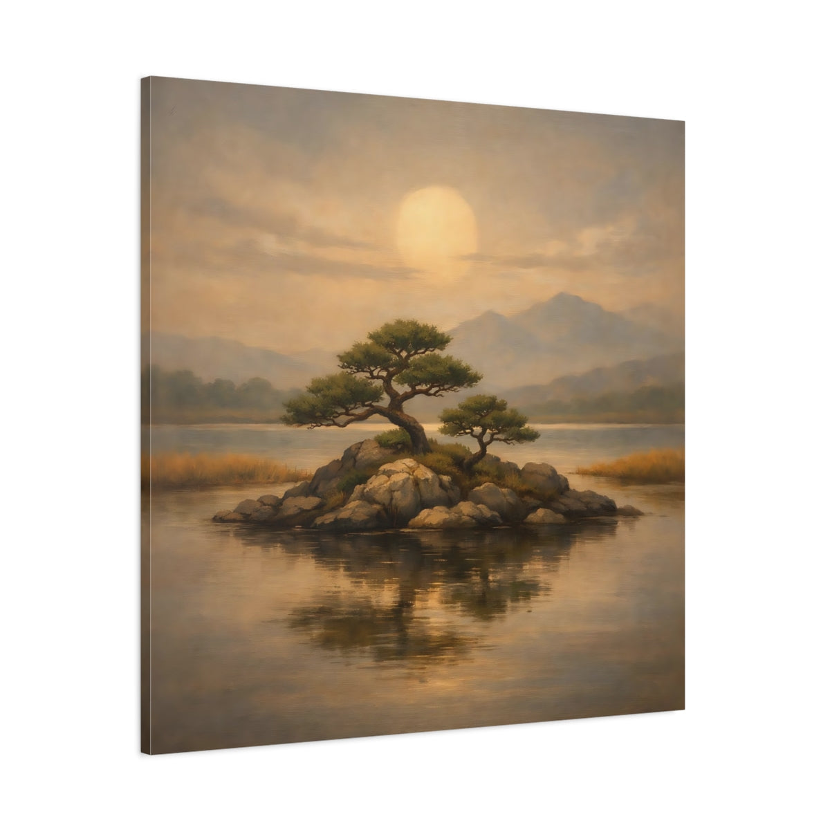 Main Mockup. Nature Island Trees Golden Landscape shown as stretched canvas wall art
