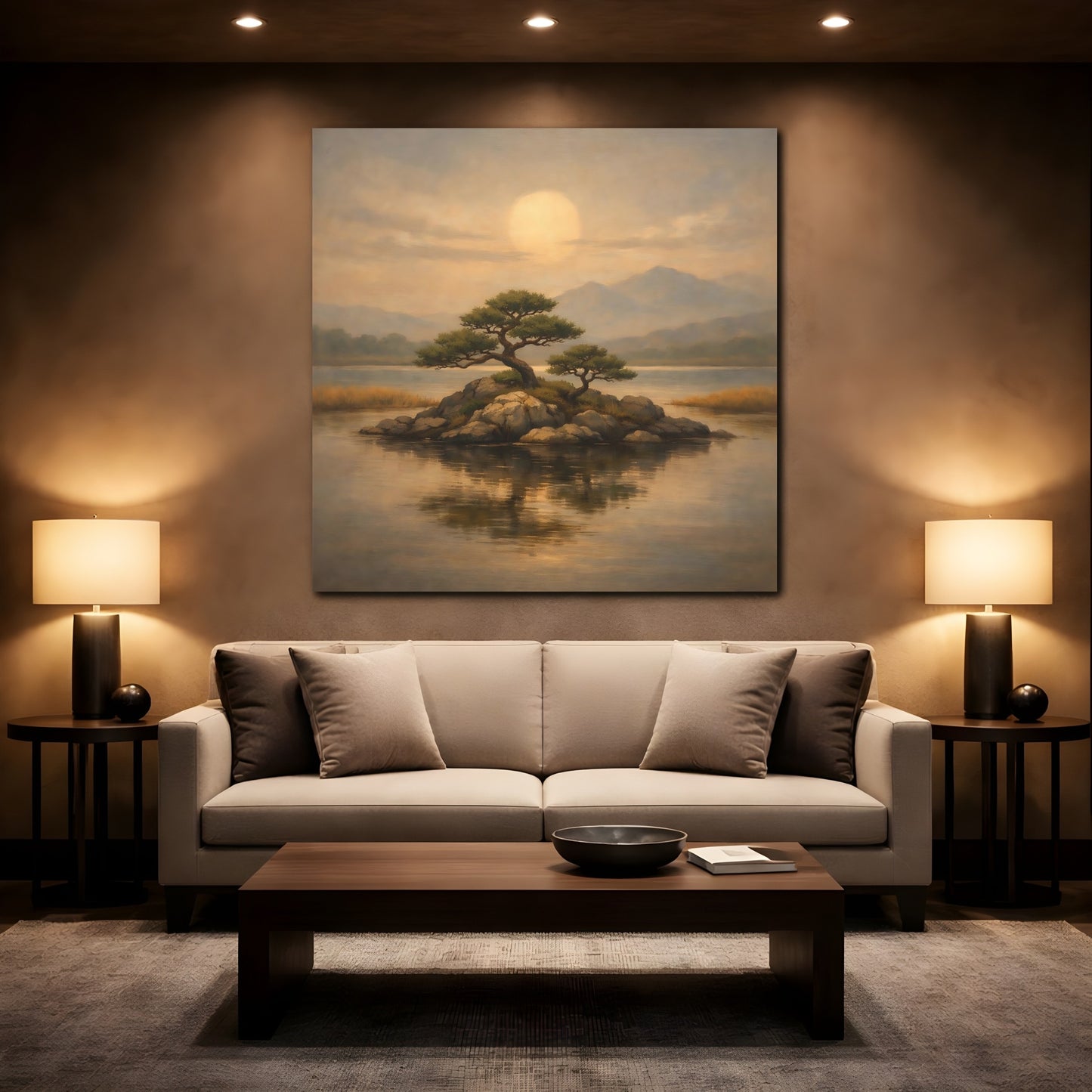 Mockup 2. Nature Island Trees Golden Landscape shown as stretched canvas wall art